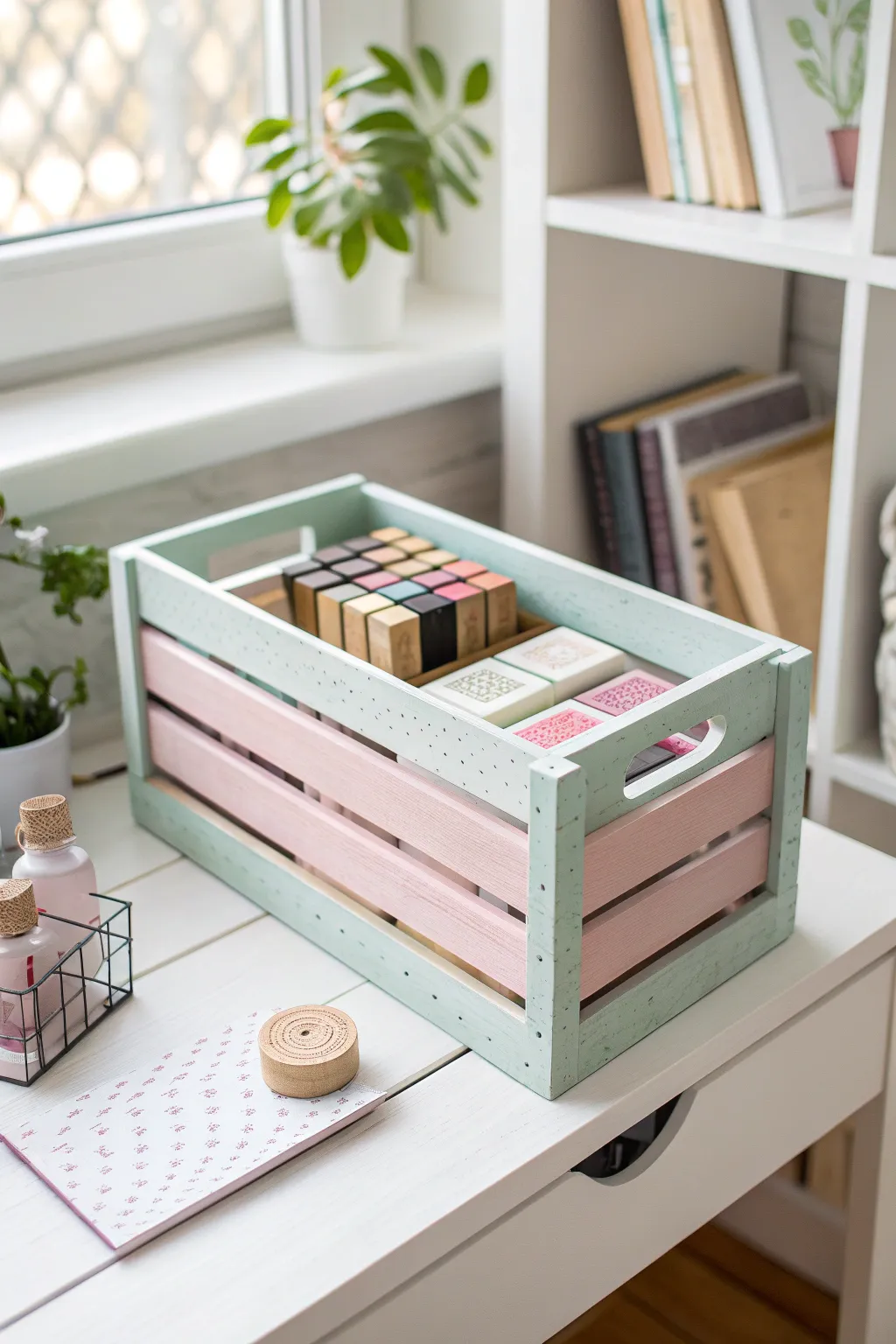 Transform your crafting space with upcycled charm: a minimalist approach to rubber stamp storage.