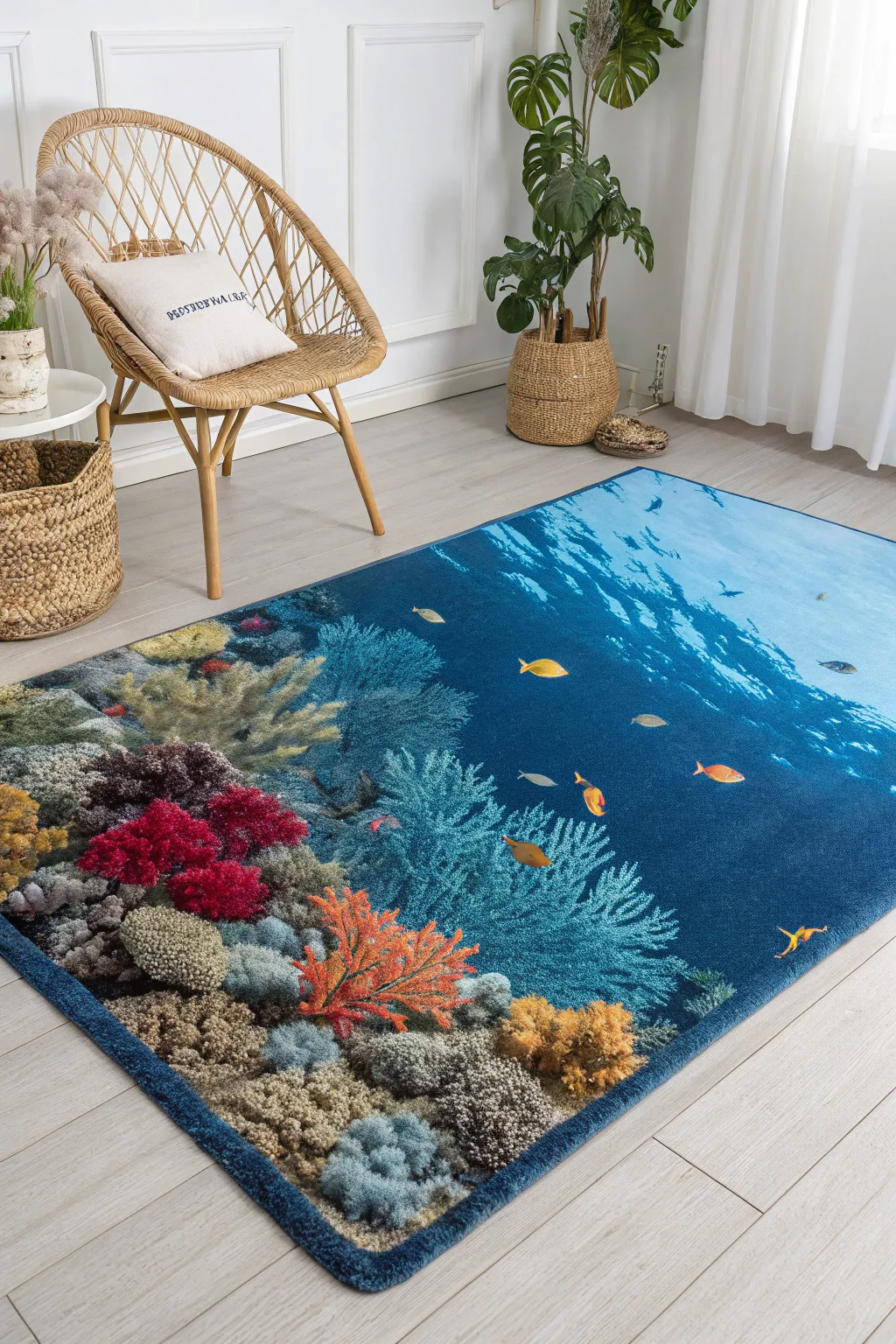 Bring the ocean's tranquility into your home with this artisanal underwater rug masterpiece.