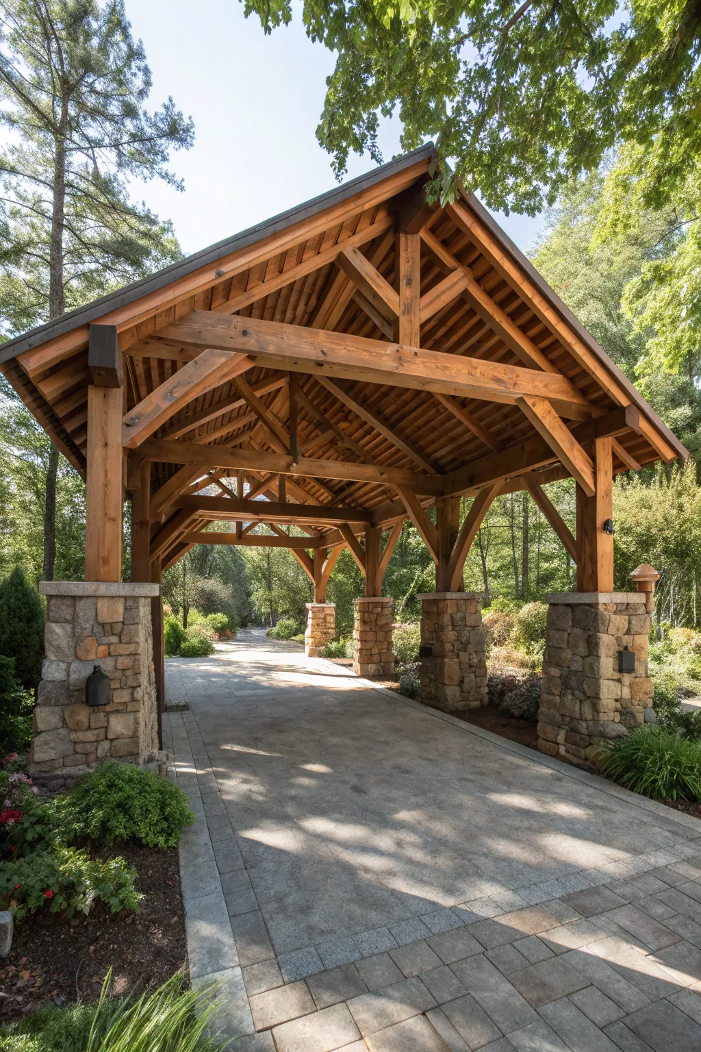 Open Air Elegance: Experience the seamless blend of nature and craftsmanship with this rustic carport design.