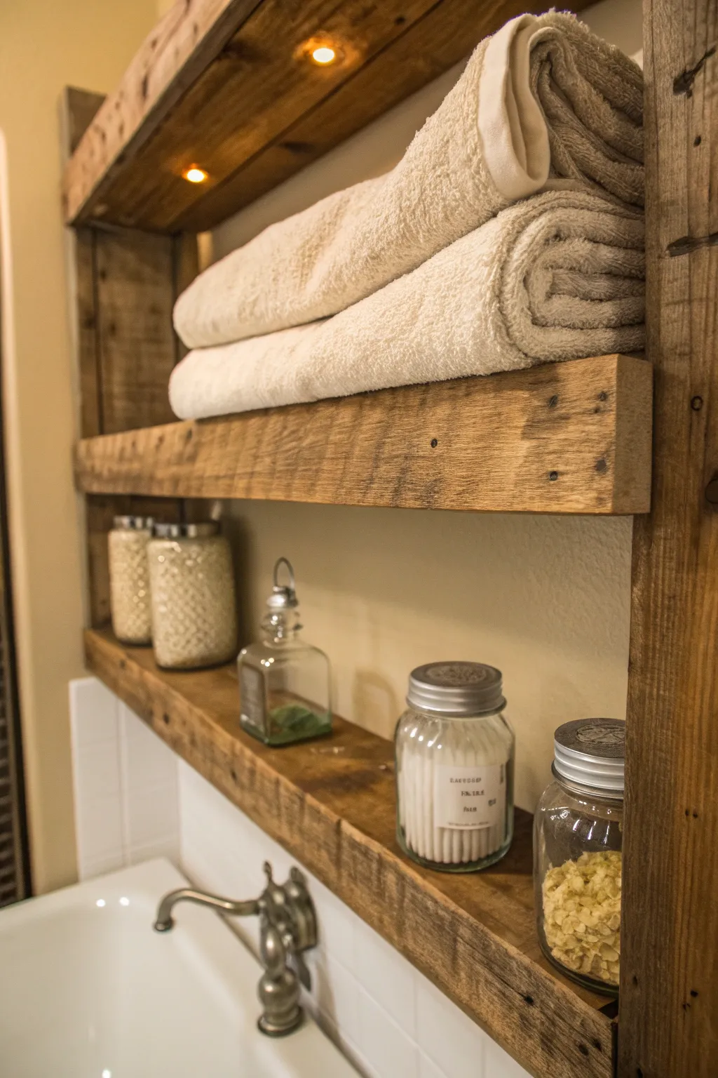 Elevate your bathroom with the charm of rustic shelving.