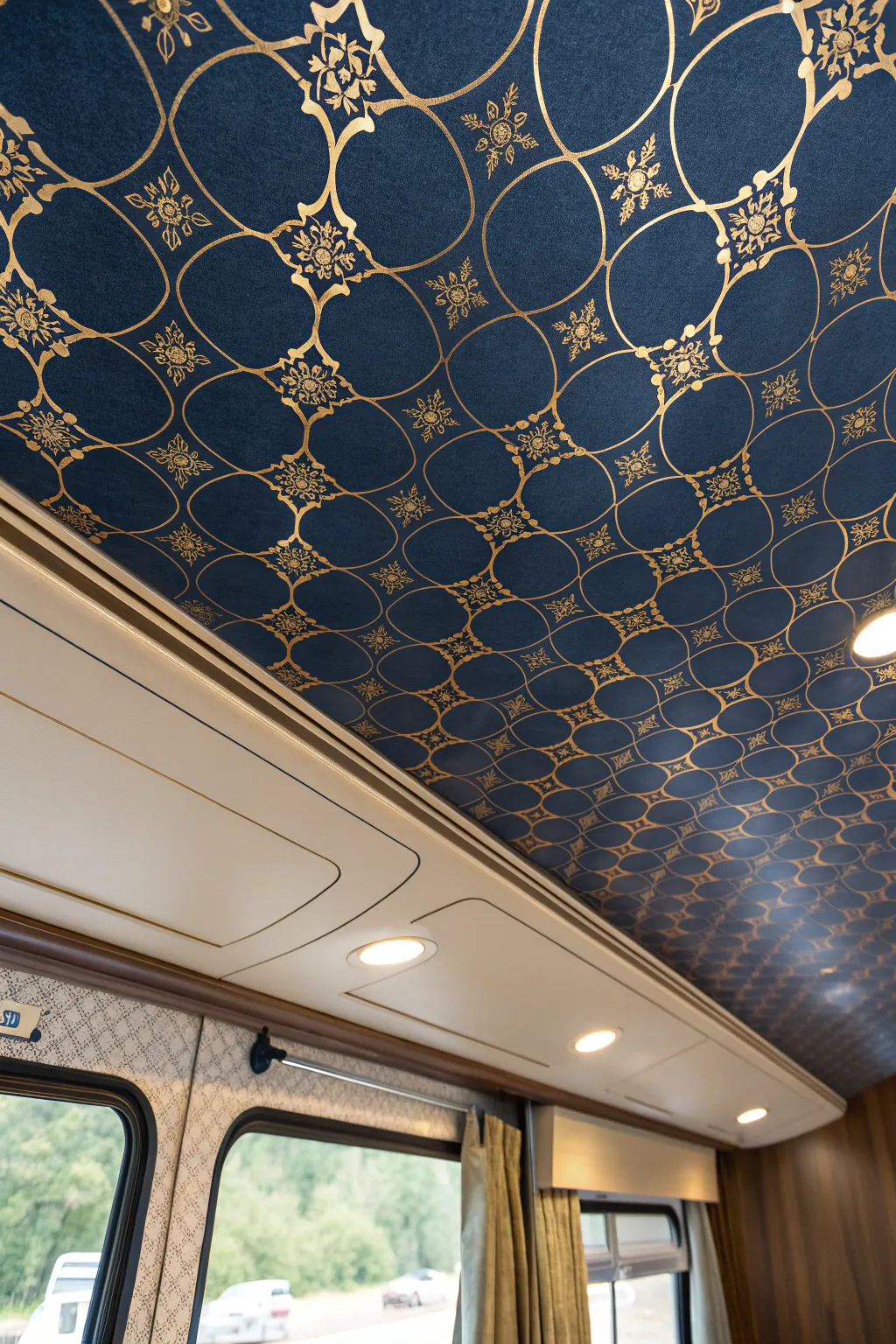 Transform your RV with elegant ceiling wallpaper—where craftsmanship meets style.