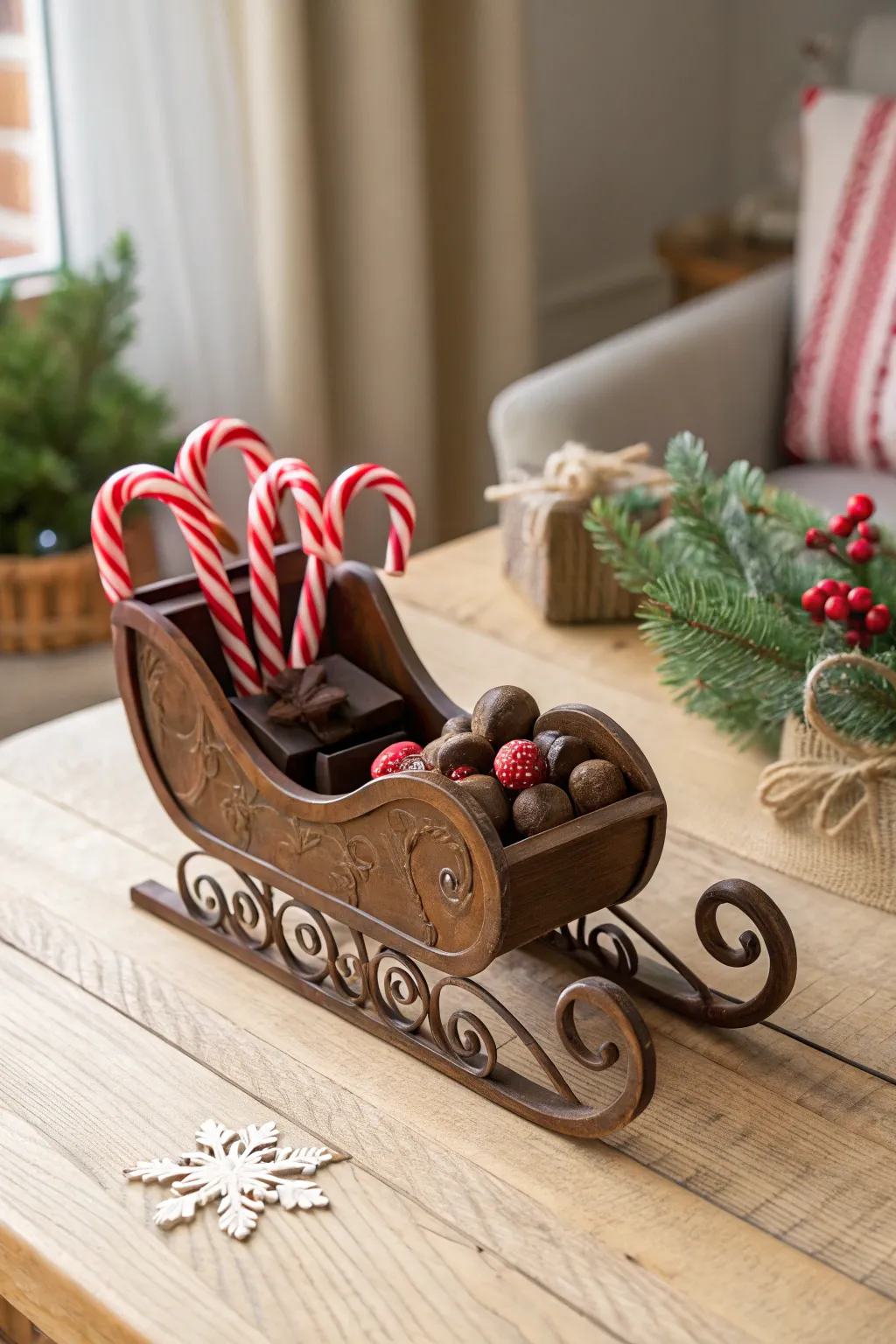 Delight in the magic of the season with this charming Santa candy sleigh, a sweet touch of festive craftsmanship.