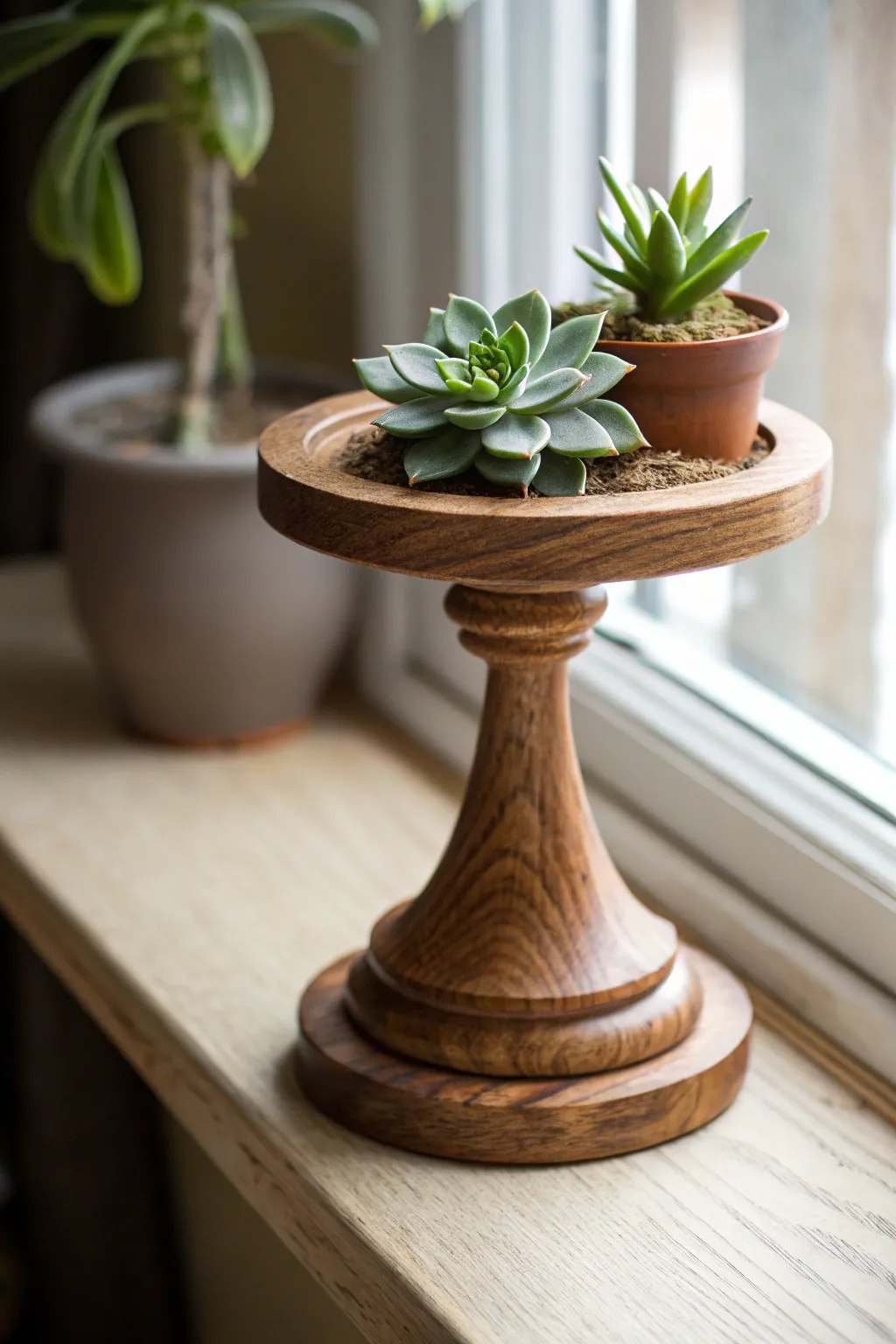 Transform your windowsill into a mini oasis with handcrafted wood plant stands.