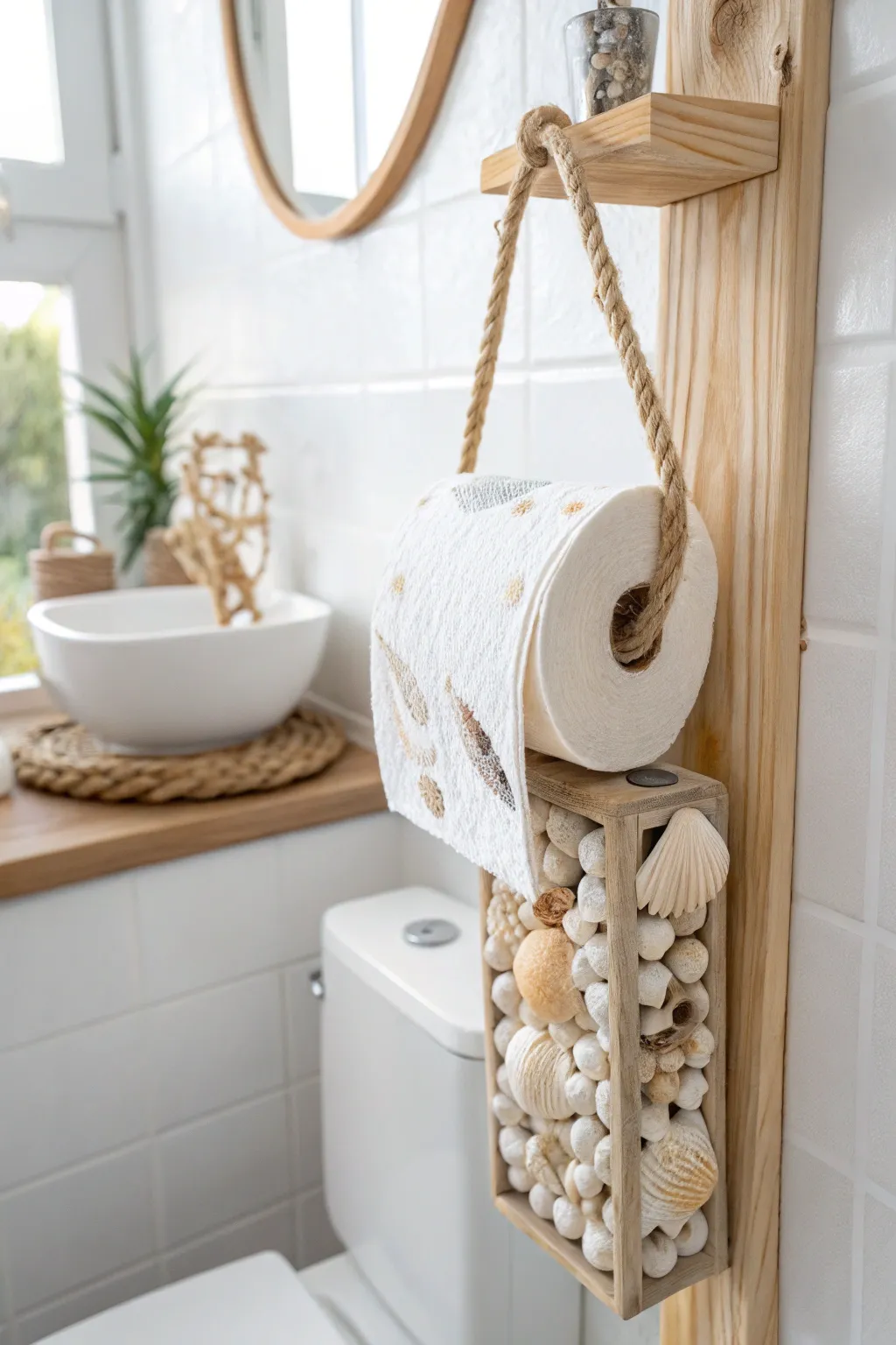 Add a touch of seaside charm to your bathroom with this seashell-adorned toilet roll holder.