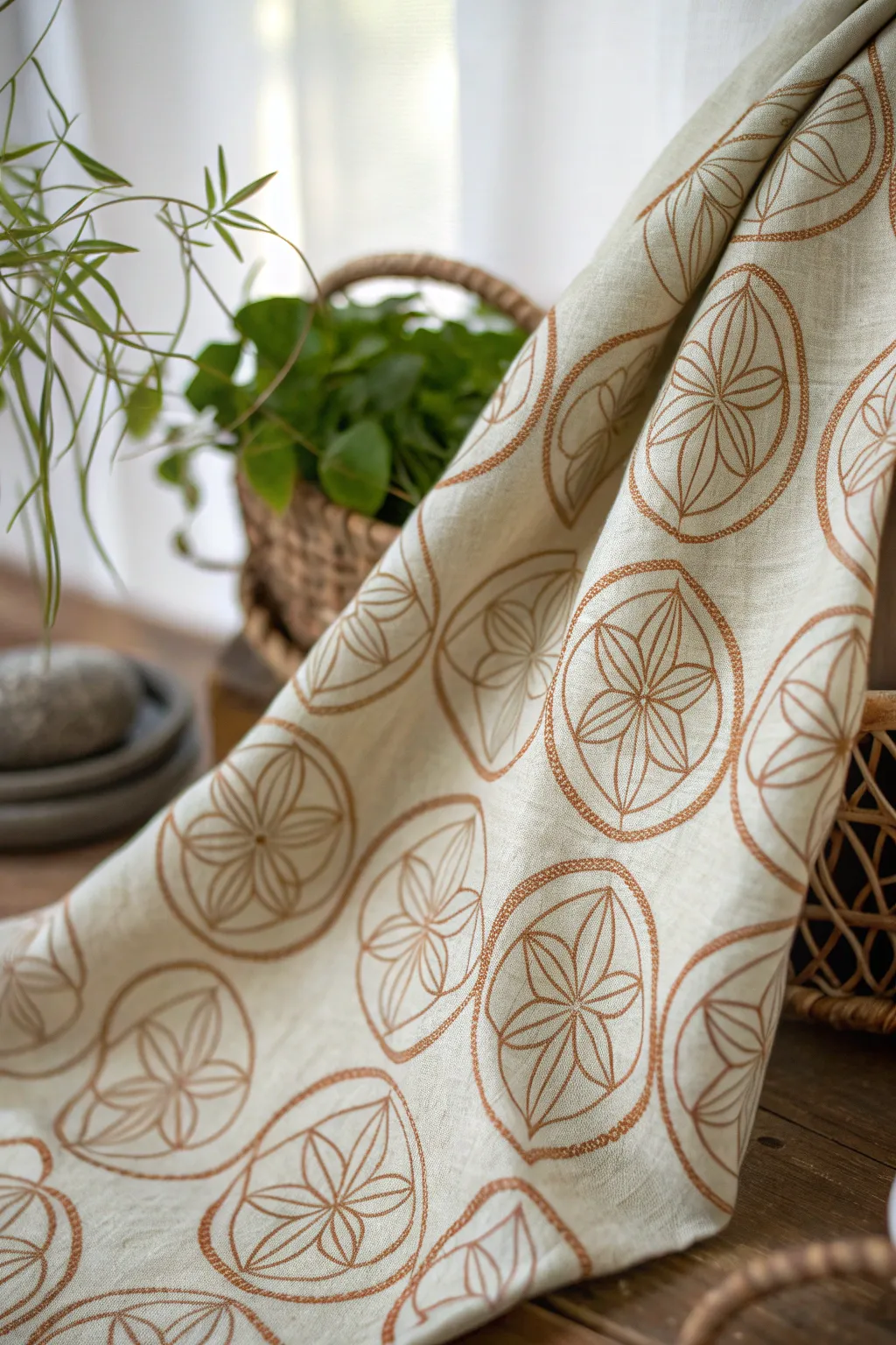 Embrace natural beauty with Seed of Life stamped textiles, perfect for adding a unique touch to your home decor.