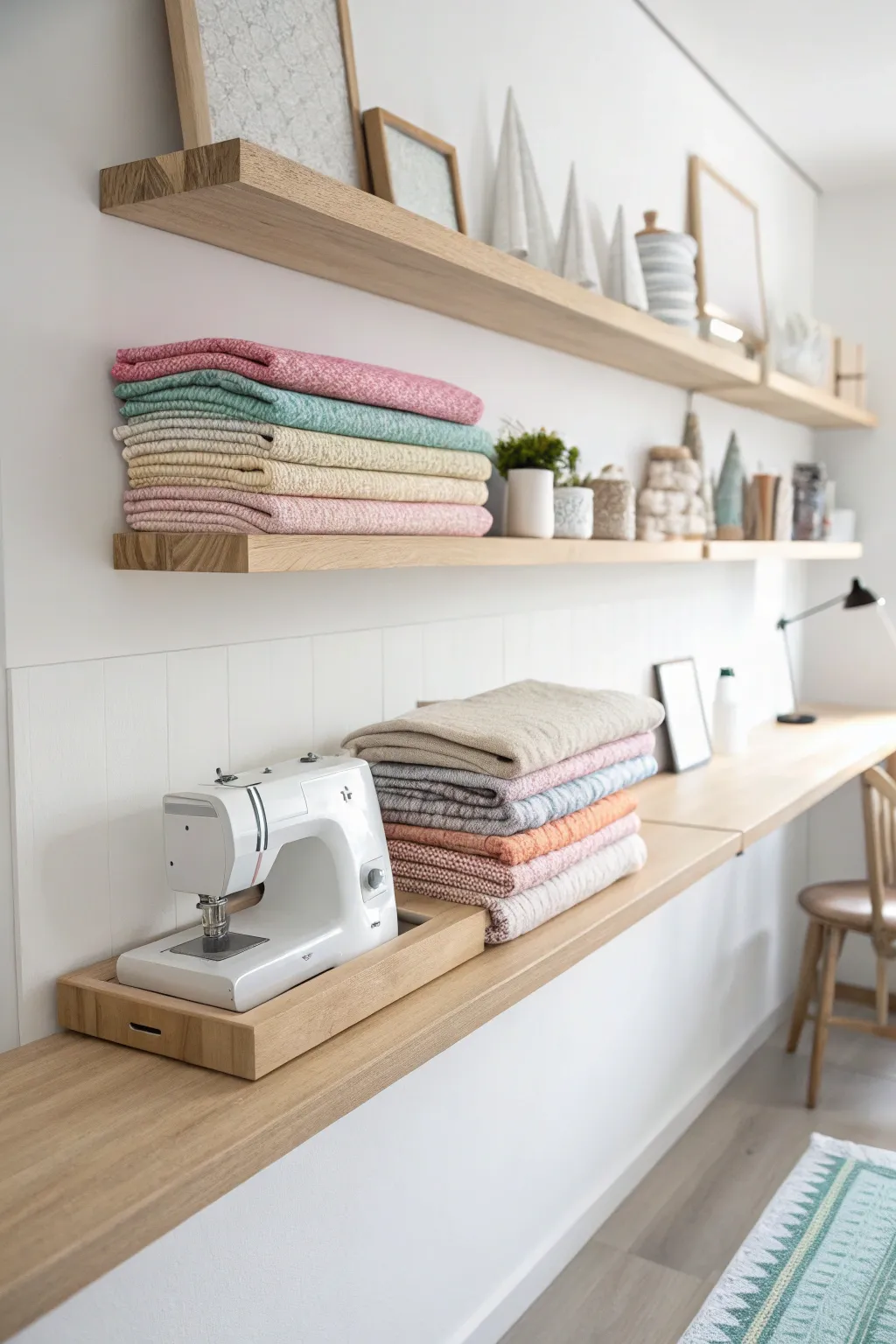 Elevate your sewing space with sleek, invisible shelf supports for a modern, minimalist look.