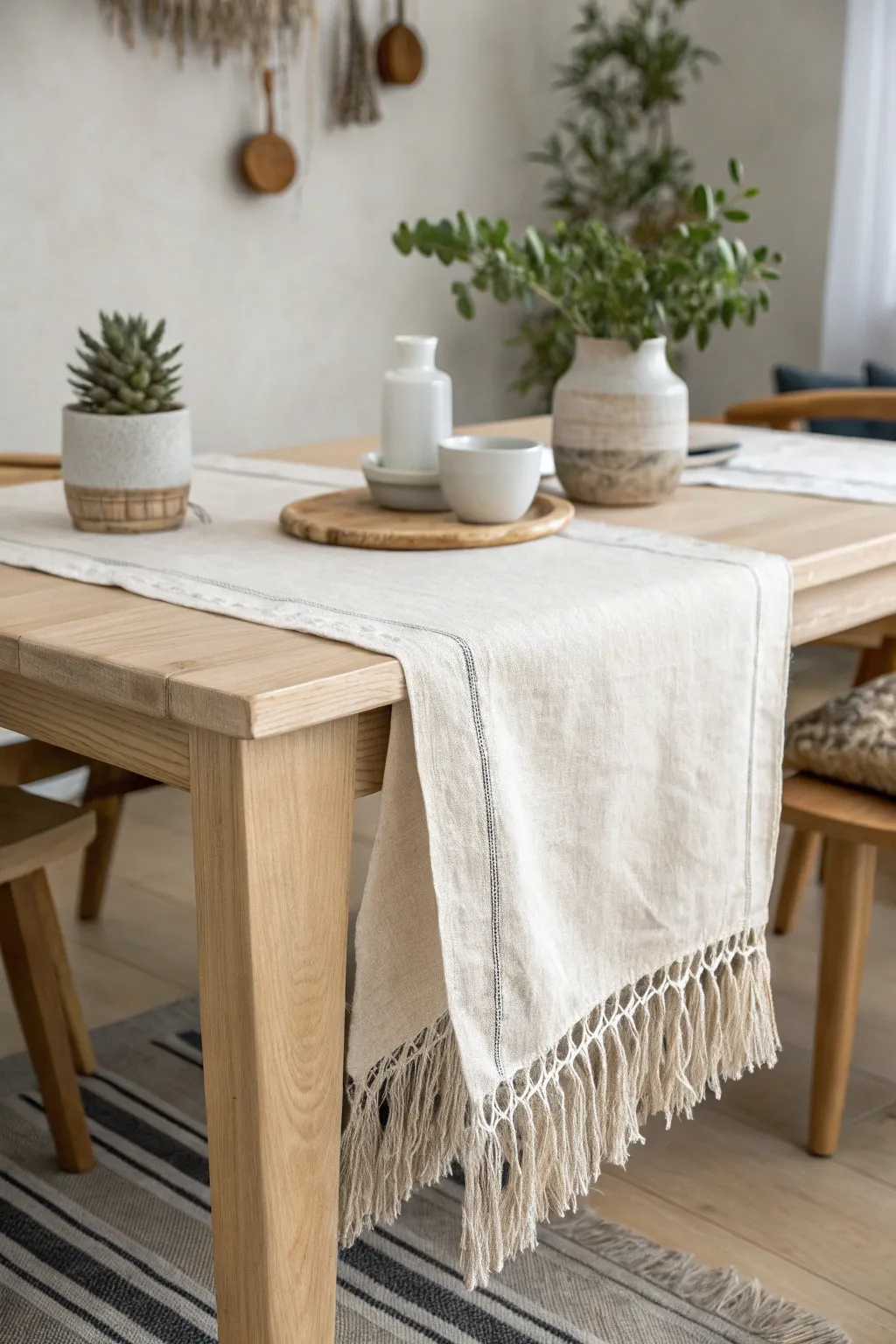 Embrace the art of simplicity and bohemian elegance with a fringed table runner that speaks to your love for natural beauty and craftsmanship.