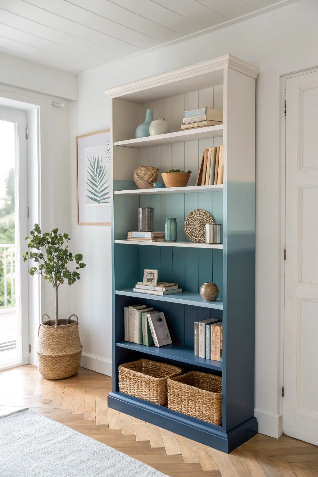 Elevate your space with the artful simplicity of gradient bookshelves.