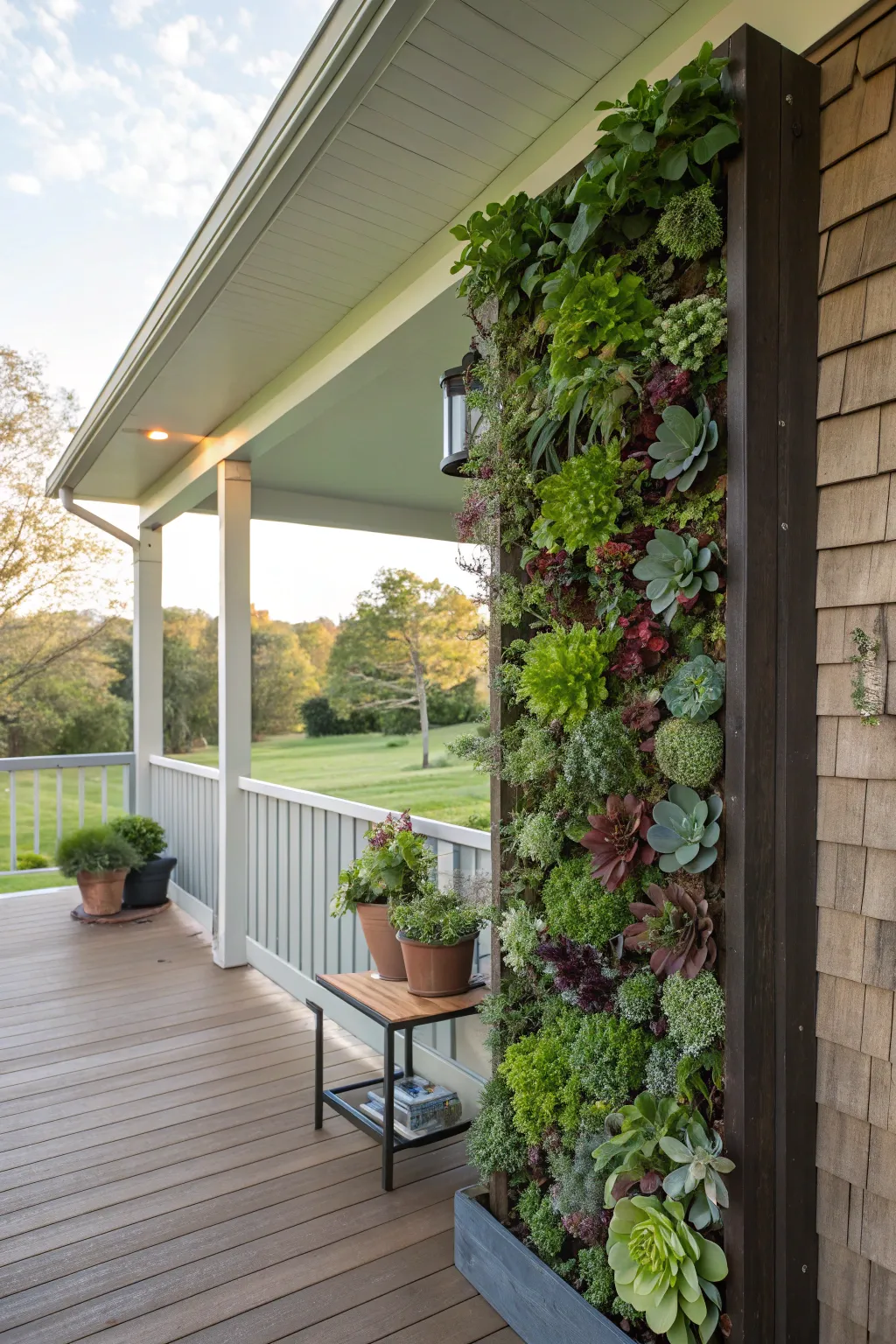 A vertical garden adds space-saving greenery.