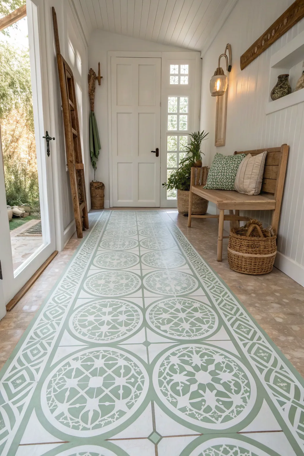 Elevate your entryway with a classic trellis floor design that whispers elegance and simplicity.