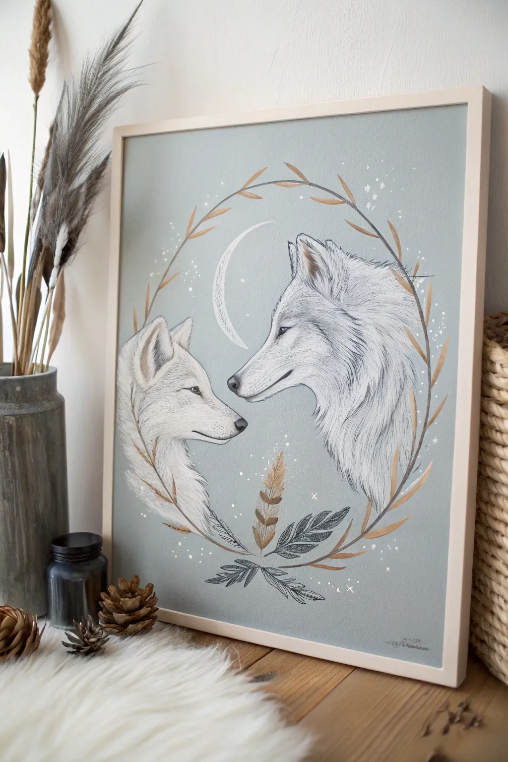 Embrace the bond of sisterhood with this minimalist wolf painting, where art meets nature's elegance.