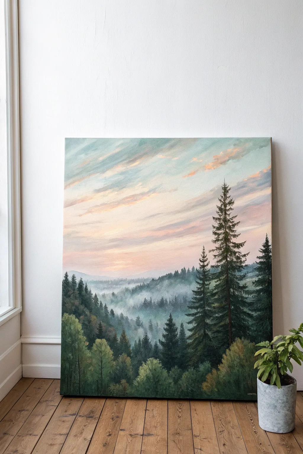 Embrace tranquility with this minimalist forest landscape painting, perfect for adding serenity to your meditation corner.