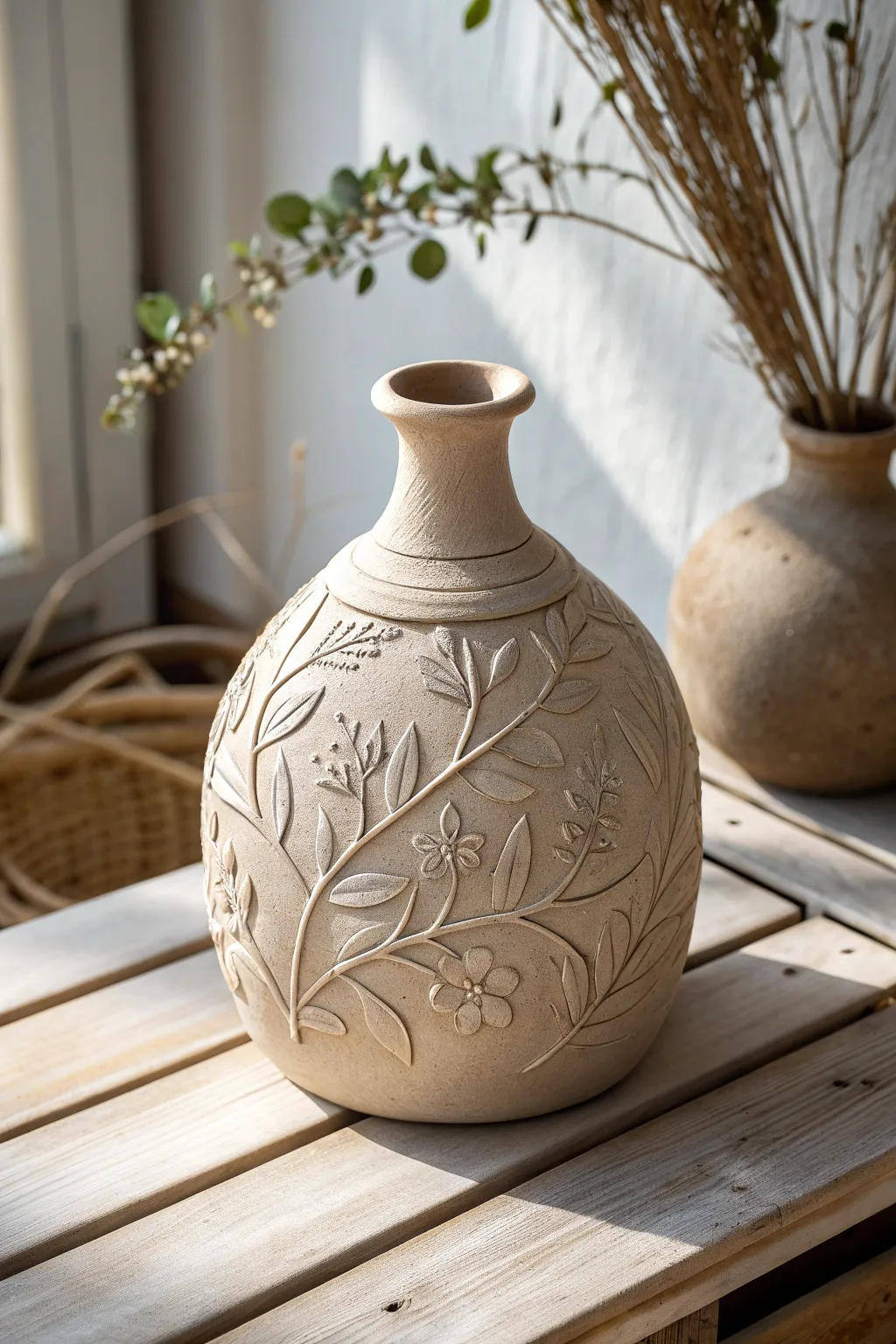 Discover the art of embossed elegance with this stunning clay vessel, where nature's beauty meets timeless craftsmanship.