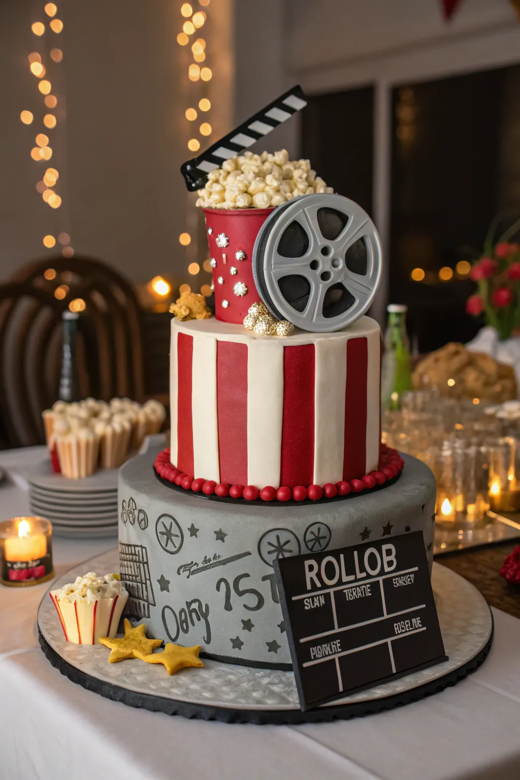 A cinematic movie night cake, perfect for film-loving sleepovers.