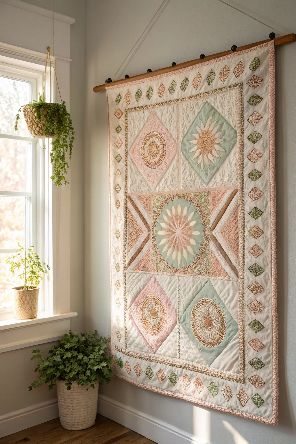 Elevate your space with the artful charm of a quilted wall hanging.