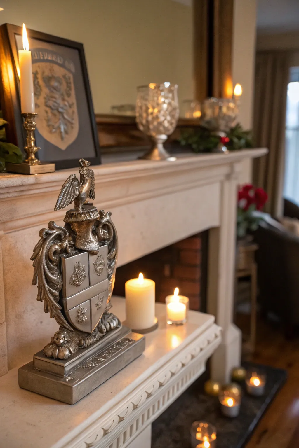 A personalized family crest sculpture graces a mantel.
