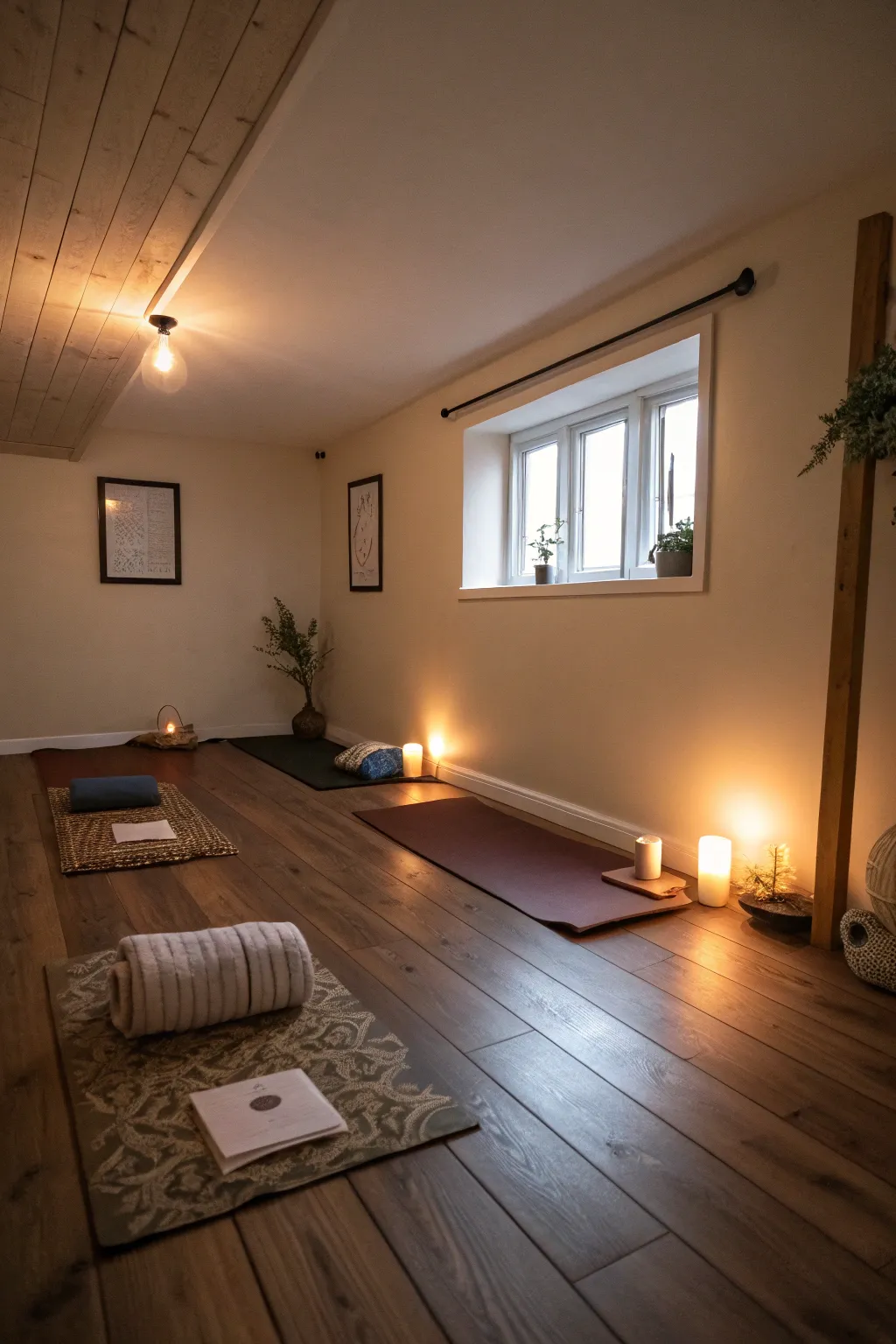 Adjustable lighting sets the perfect mood for any yoga session.