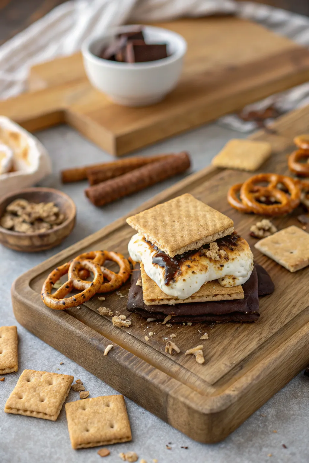 Elevate your s'mores game with a savory twist—crunchy potato chips and pretzels meet gooey marshmallow perfection.