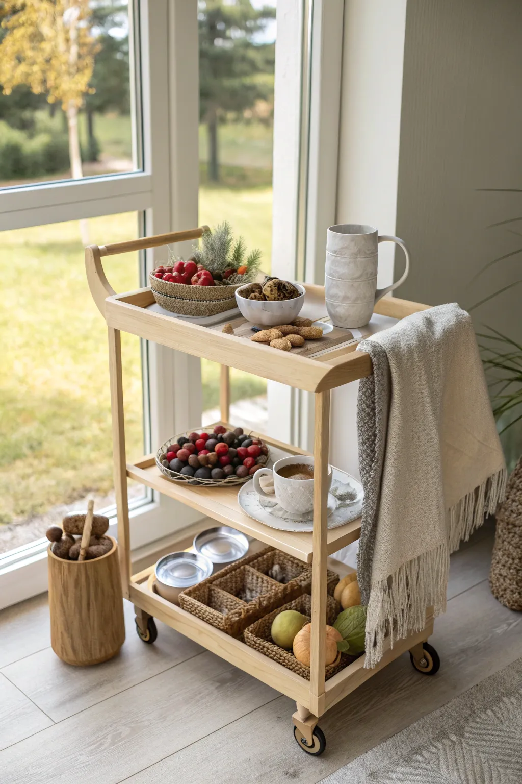 Savor the moment: A minimalist snack cart with a scenic view.