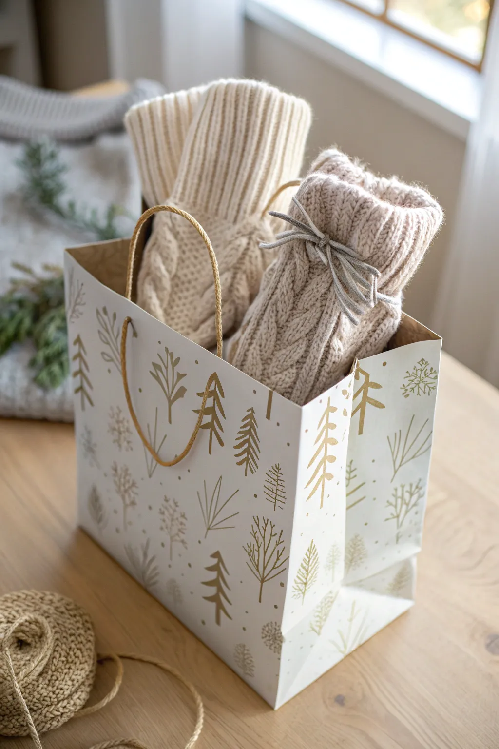 Elevate your sock gifting game with a DIY wrapping paper bag, blending minimalist elegance with a Boho twist.