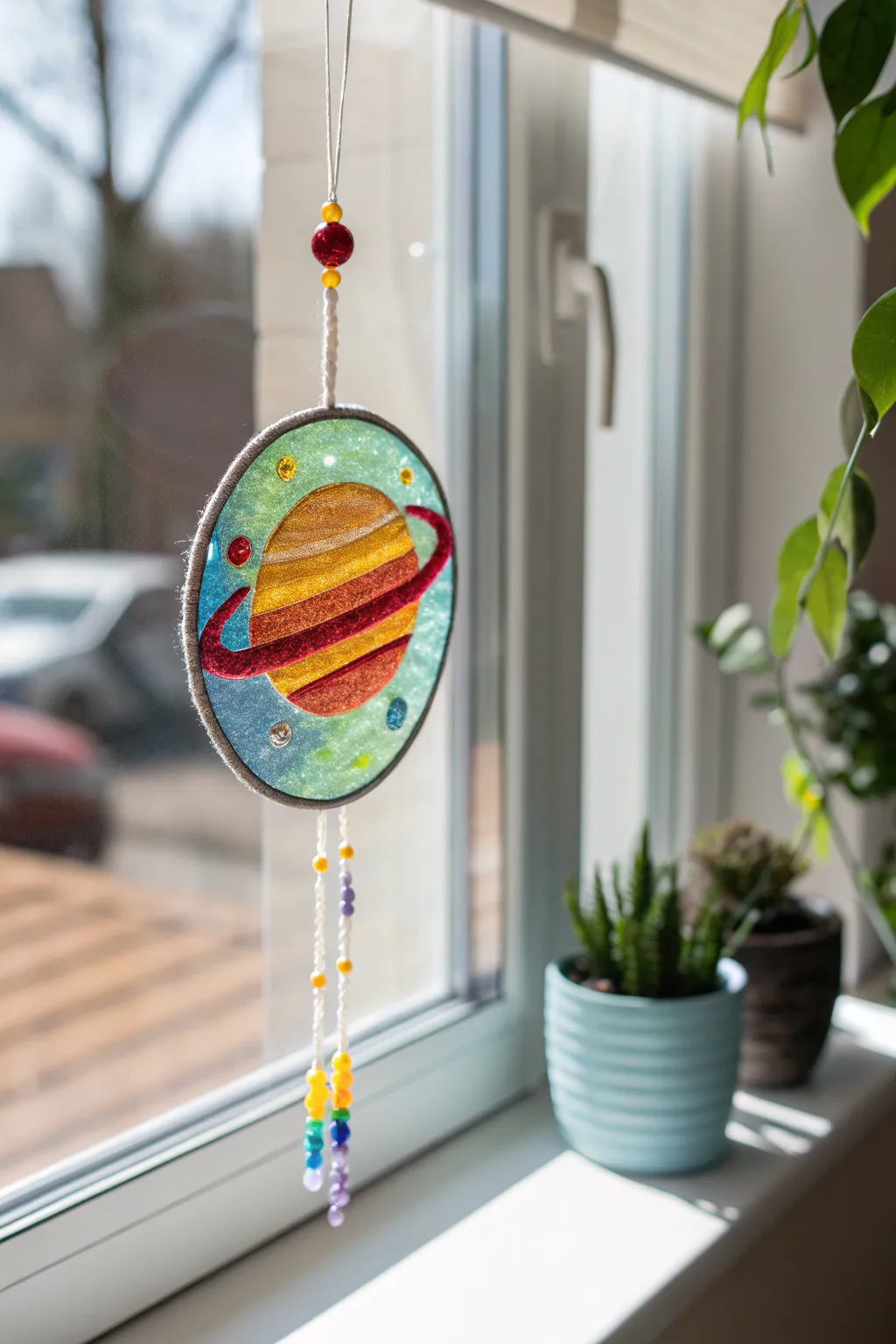 Capture the cosmos with this handcrafted planet suncatcher, bringing a splash of color and natural beauty into your home.