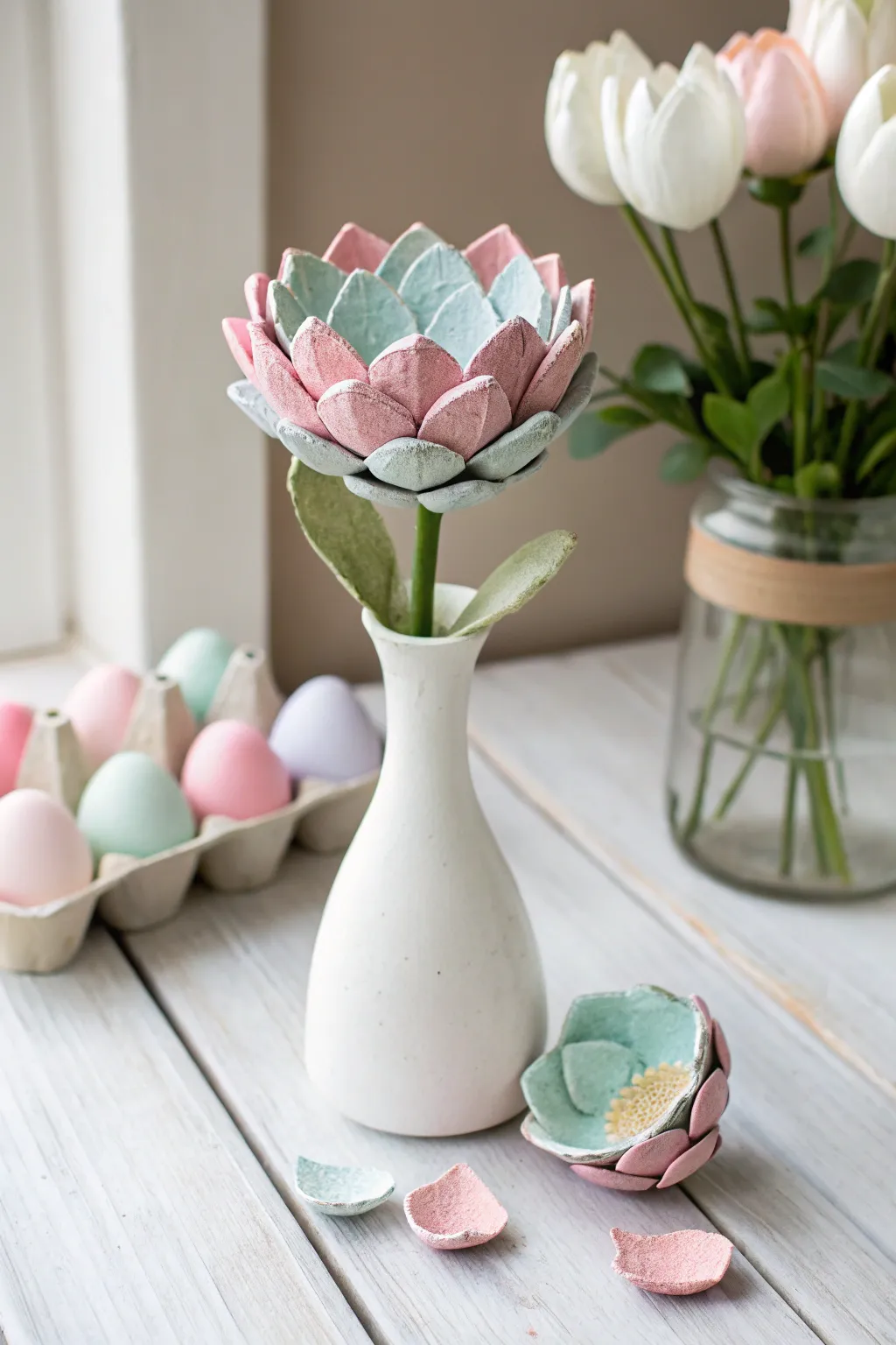 Transform everyday materials into stunning spring decor with handcrafted egg carton flowers.