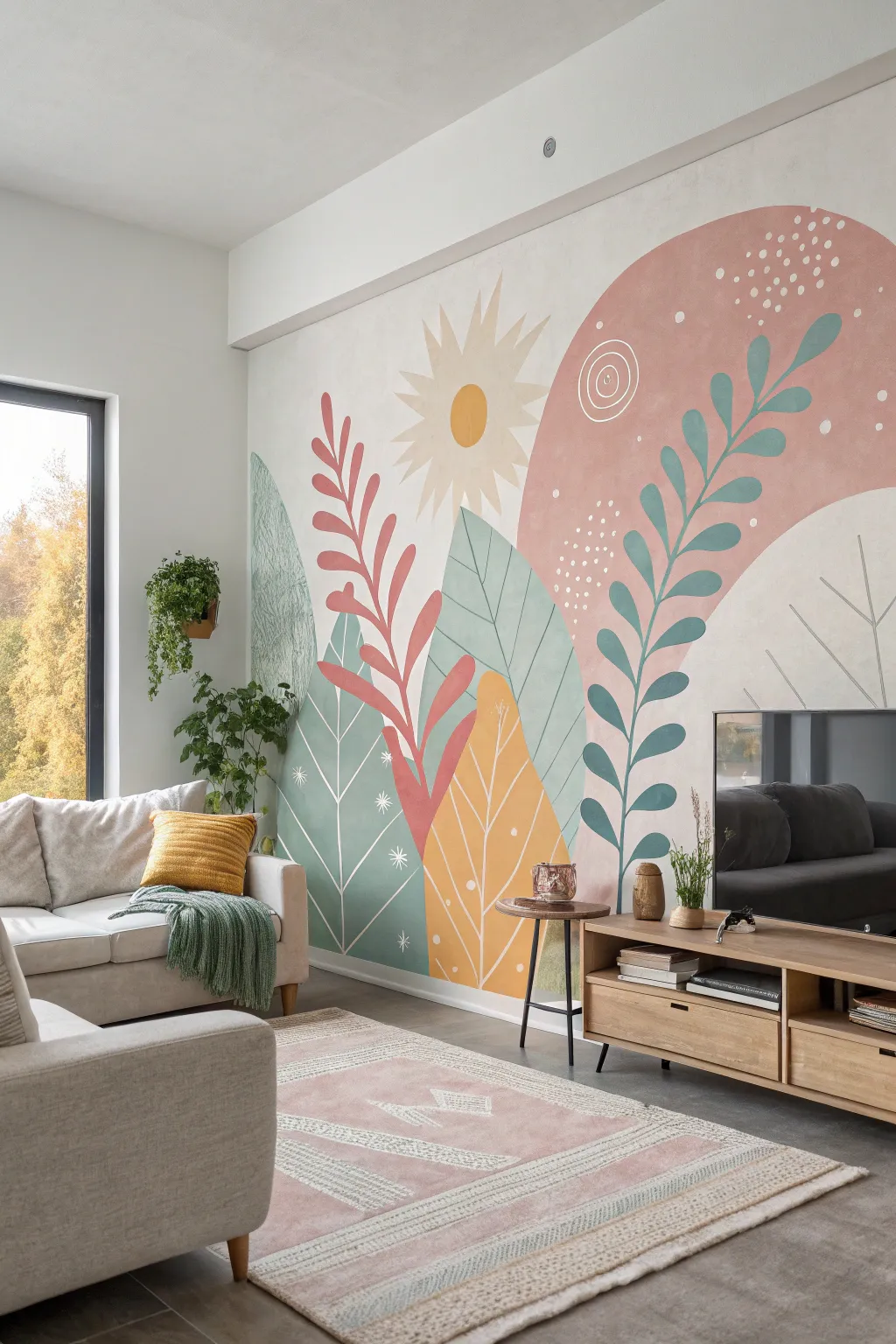 A minimalist living room with an abstract mural in spring colors.