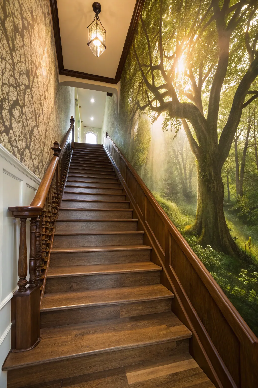 Transform your staircase into a walk through nature with exquisite forest-themed wallpaper.