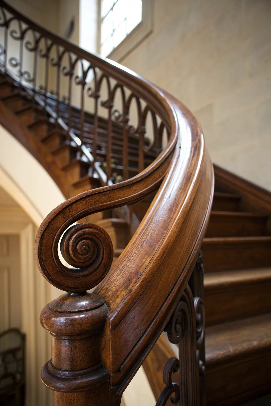 Experience the elegance of whimsical curves with this masterfully crafted spiral handrail.