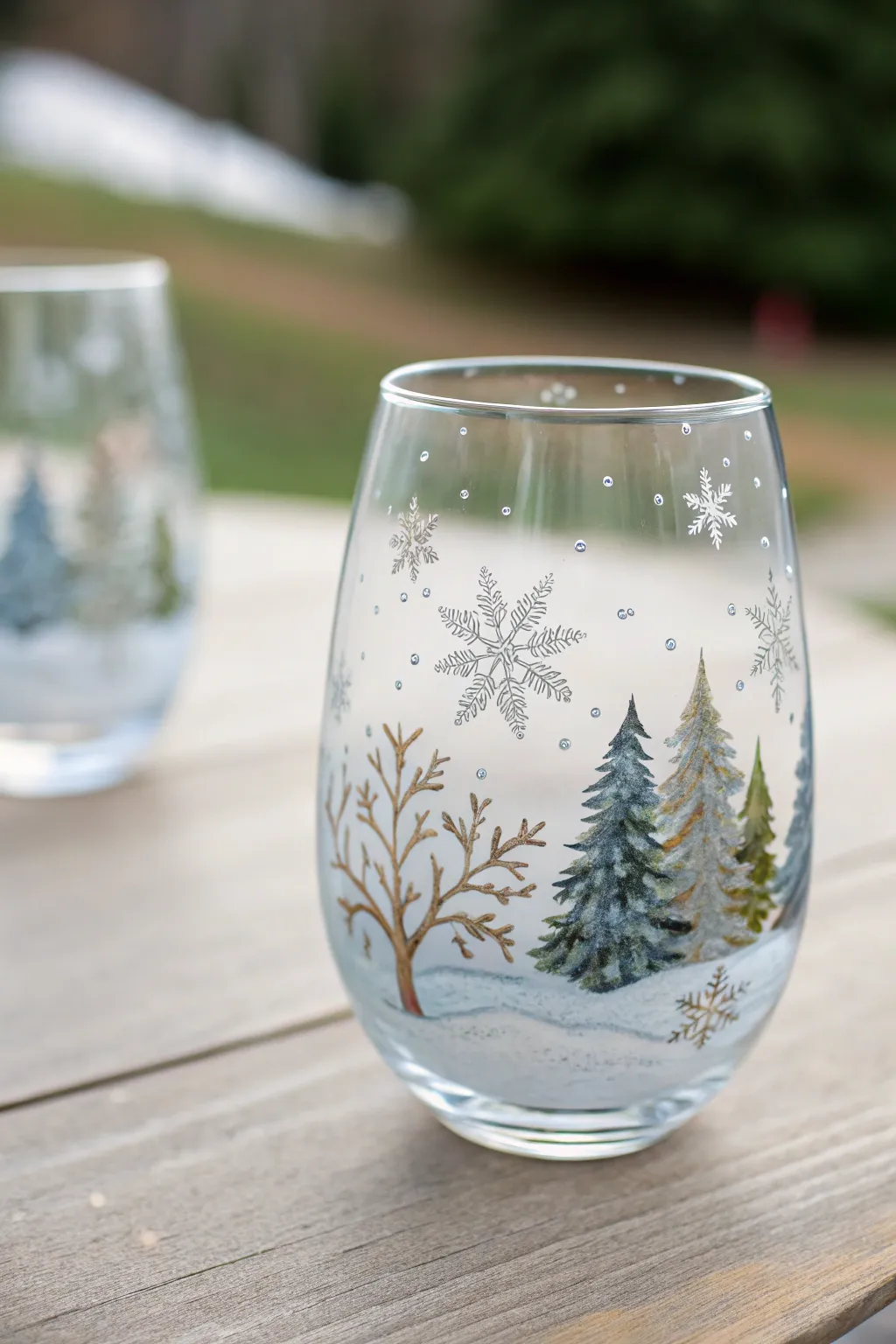 Embrace winter's charm with a hand-painted snowy scene on your wine glass.