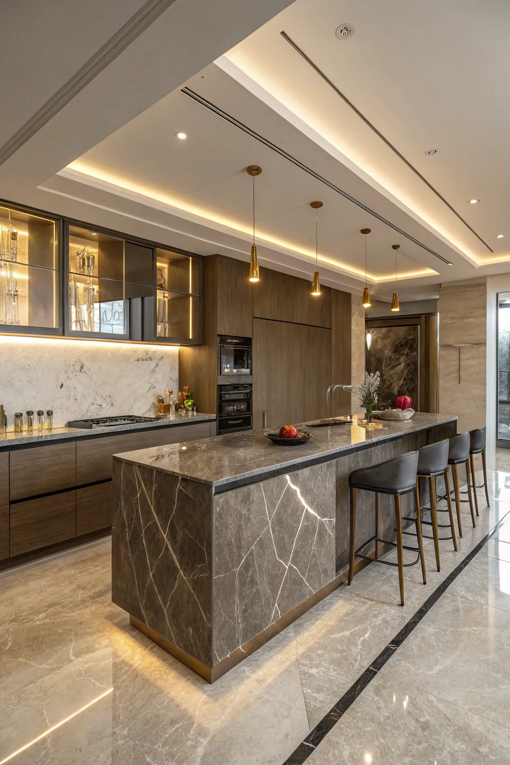 A luxurious stone kitchen island with high-end finishes.