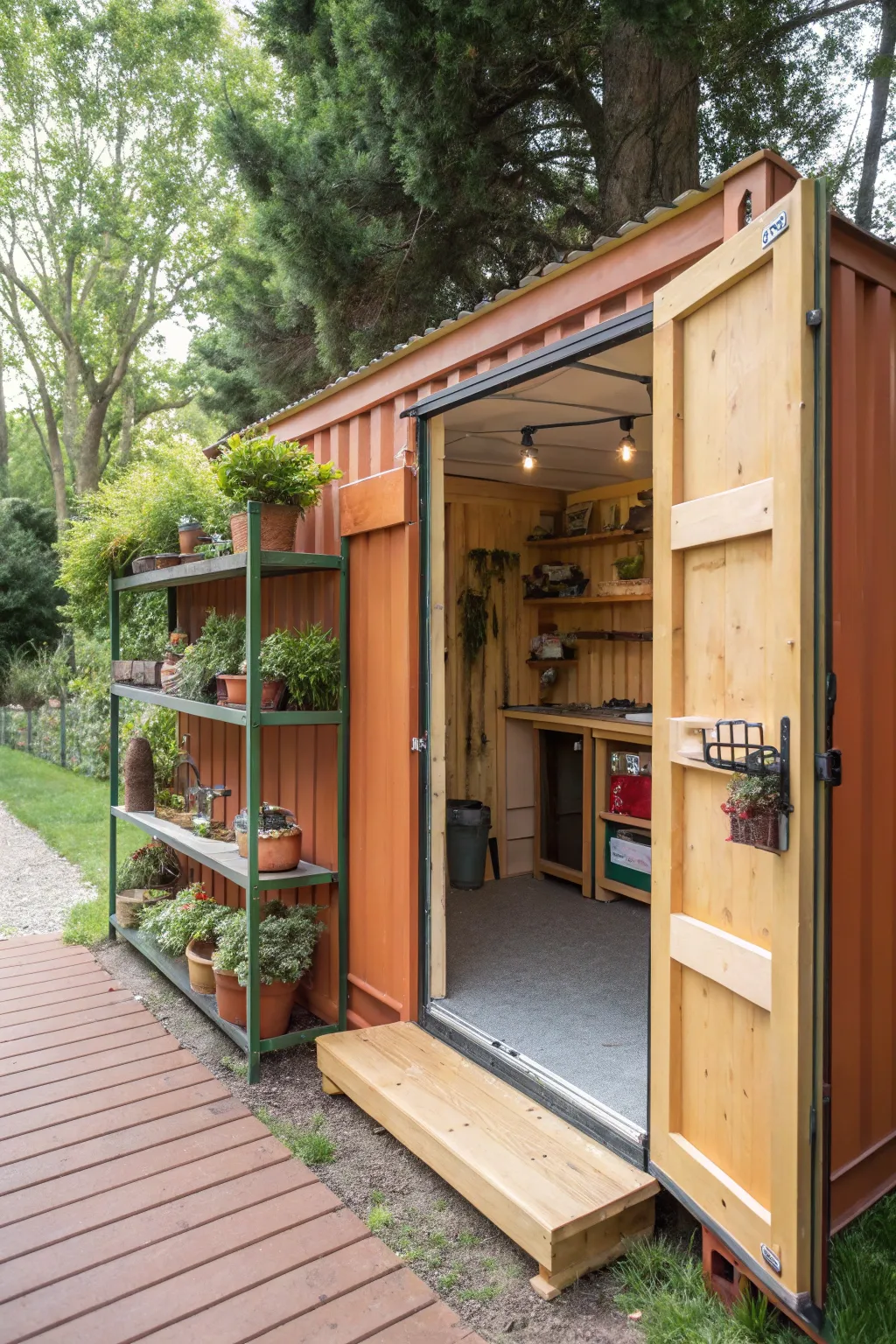 A shipping container transformed into a functional workshop.