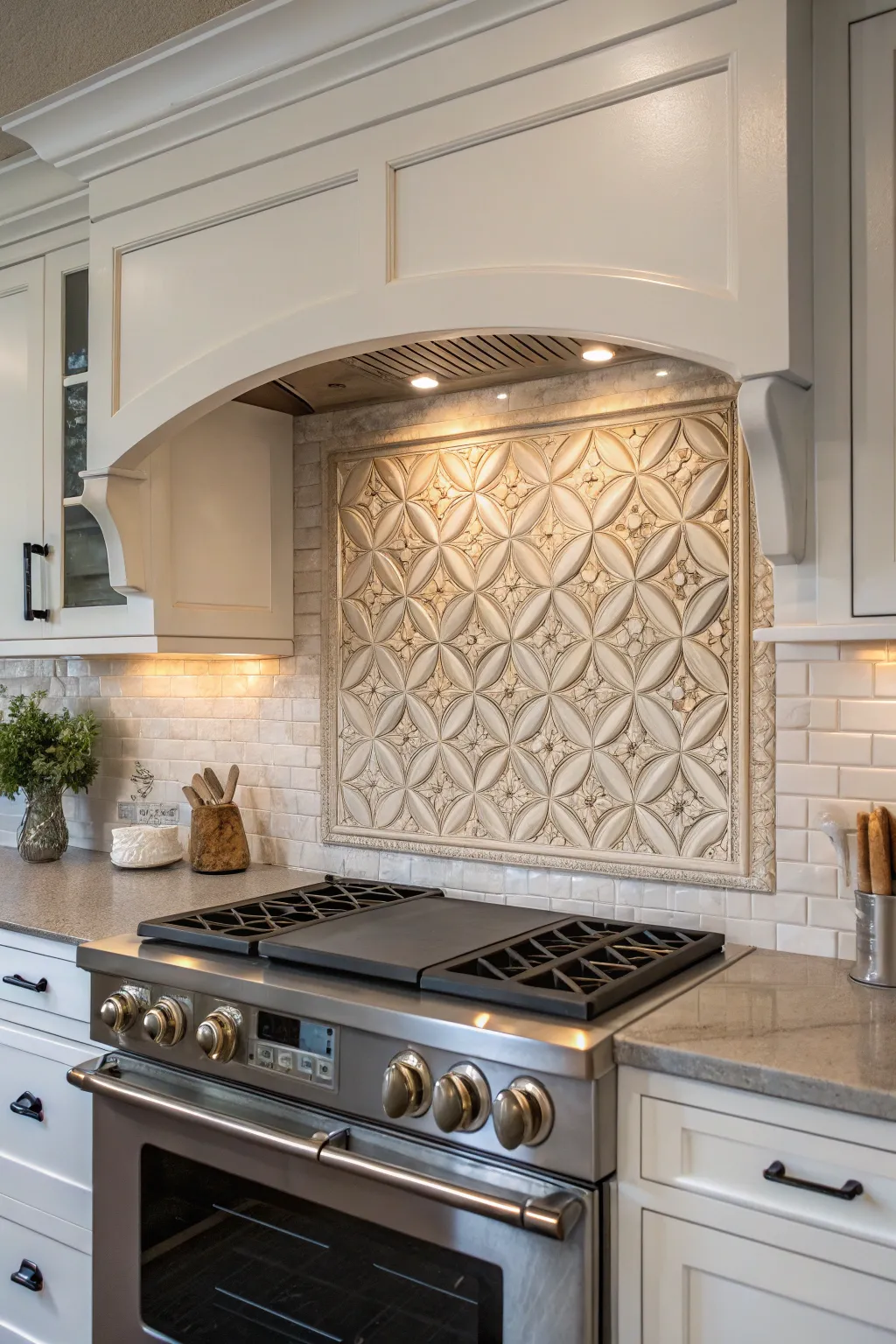 A unique stove alcove featuring textured tiles, enhancing the kitchen's depth and visual appeal.