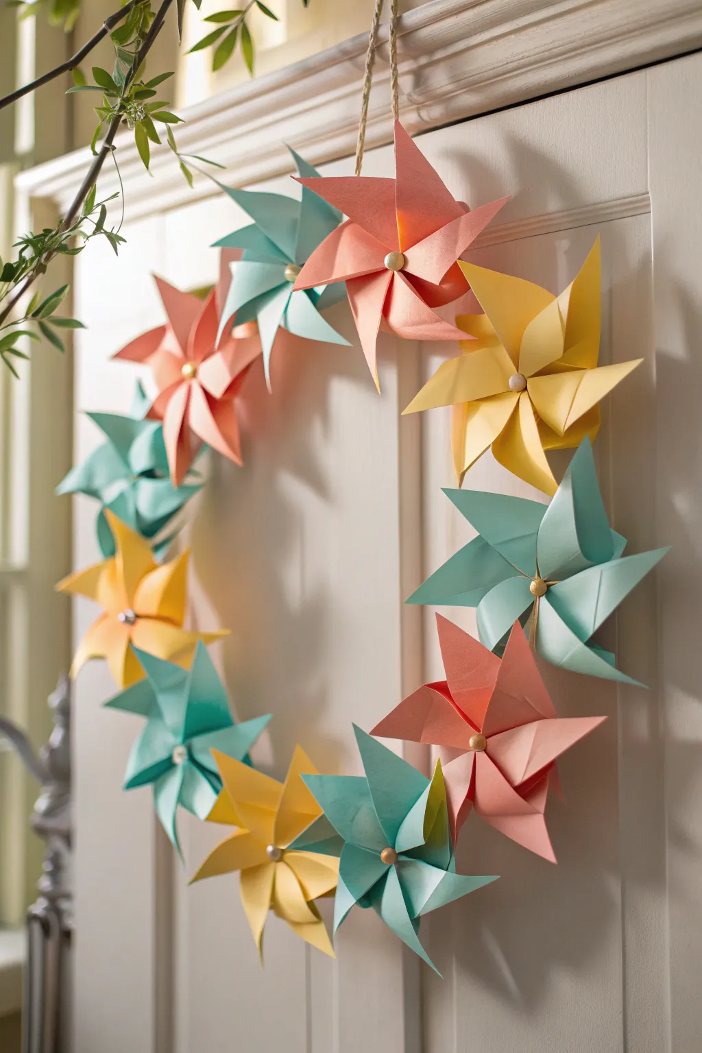 Celebrate summer with a playful pinwheel wreath, where vibrant colors meet minimalist elegance.