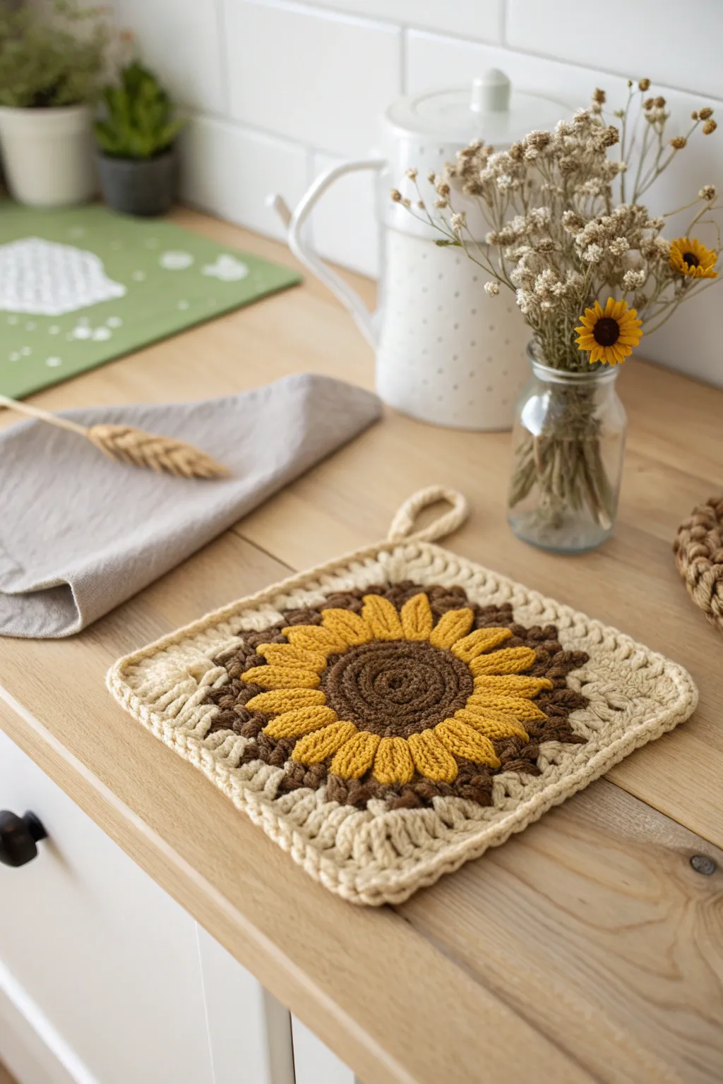 Add a touch of rustic charm to your kitchen with handcrafted sunflower potholders.