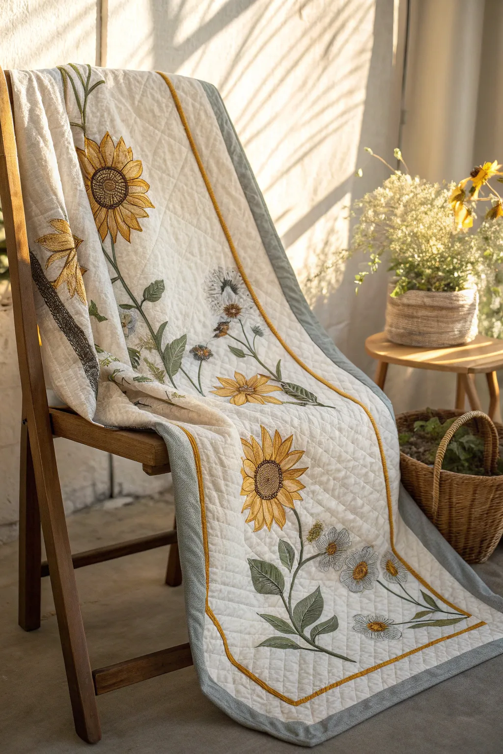 Embrace the warmth of sunflowers and stripes in a quilt that brings minimalist elegance to your space.