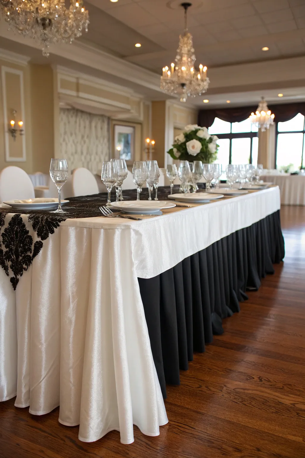Sophisticated black and white table skirts offer timeless elegance.