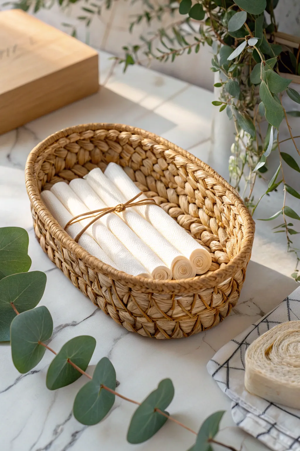 Elevate your bathroom decor with a touch of rustic charm using elegant wicker baskets for tampon storage.
