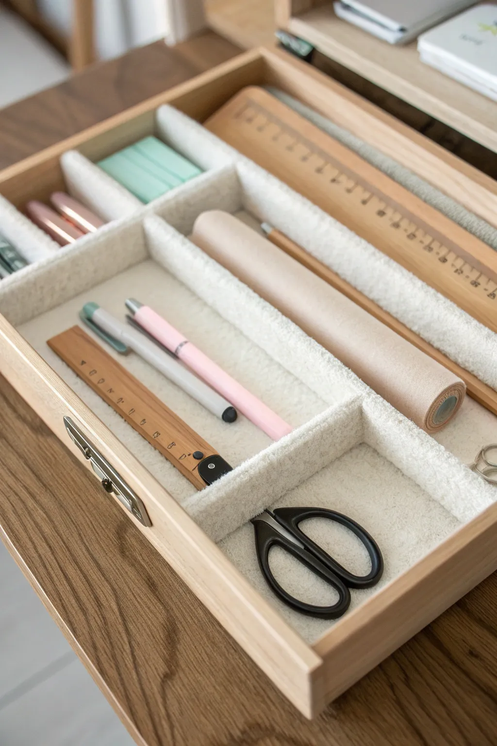 Elevate your organization with the natural elegance of felt-lined drawers. #MinimalistCharm #BohoBeauty