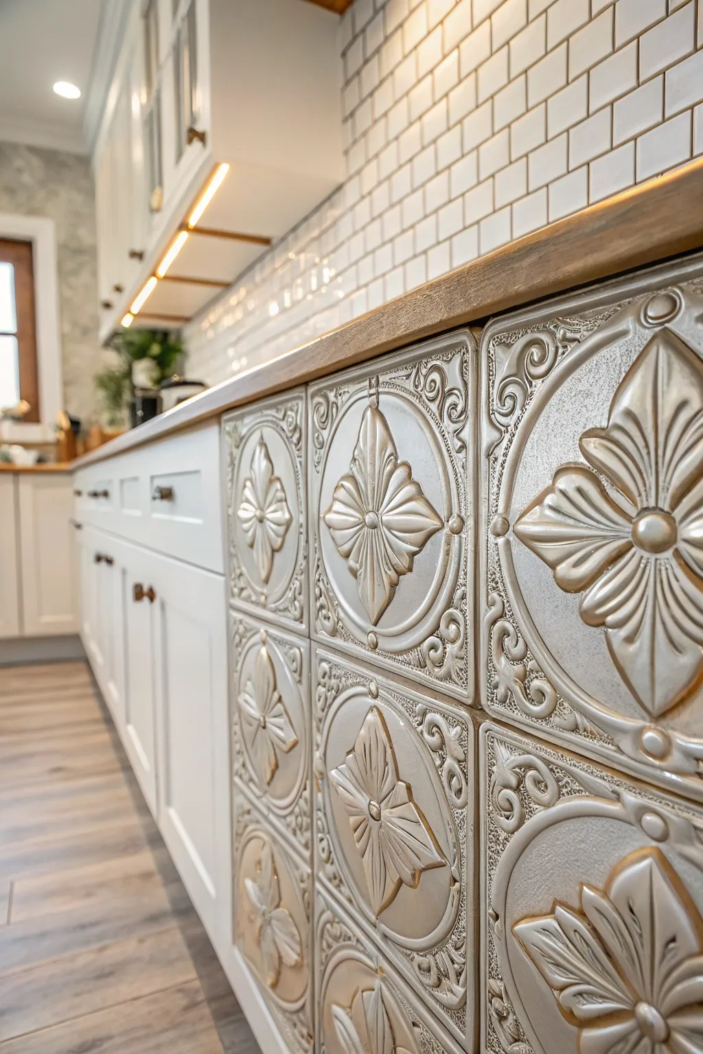 Elevate your kitchen style with vintage tin ceiling tiles for a unique and glamorous backsplash.