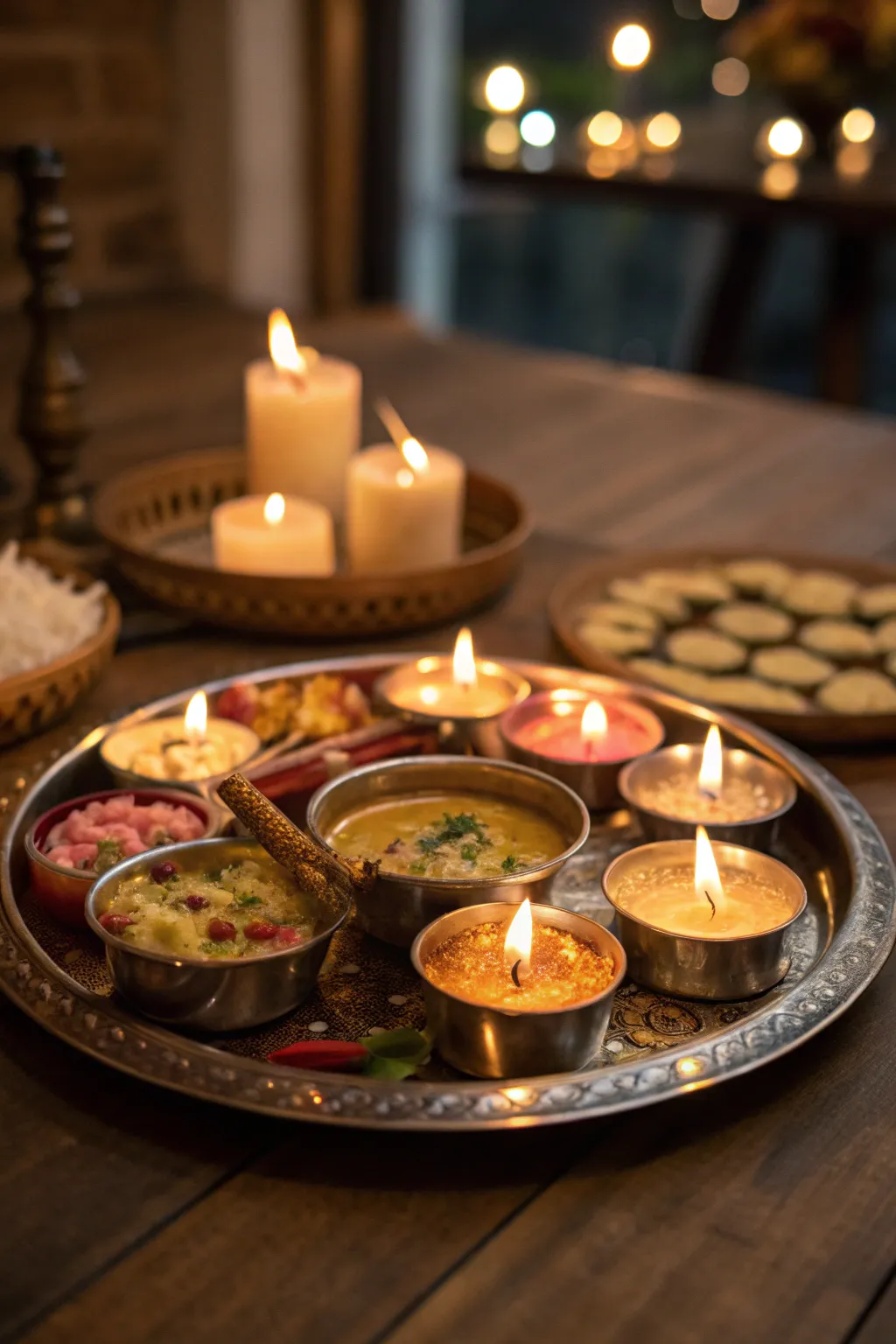 A thali glowing warmly with the light of small candles and diyas.