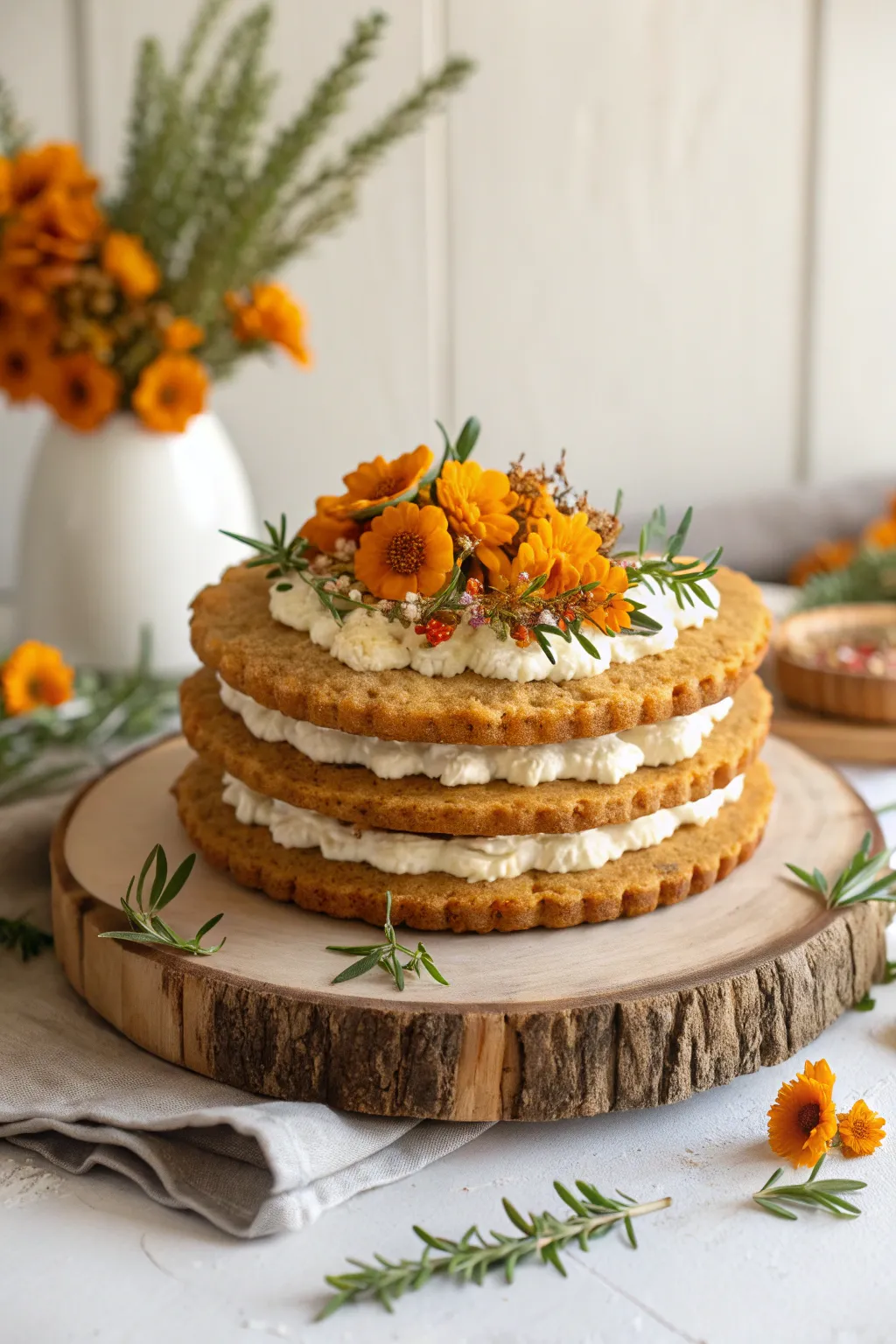 Embrace the rustic elegance of Thanksgiving with this beautifully crafted cookie cake adorned with edible flowers and herbs.