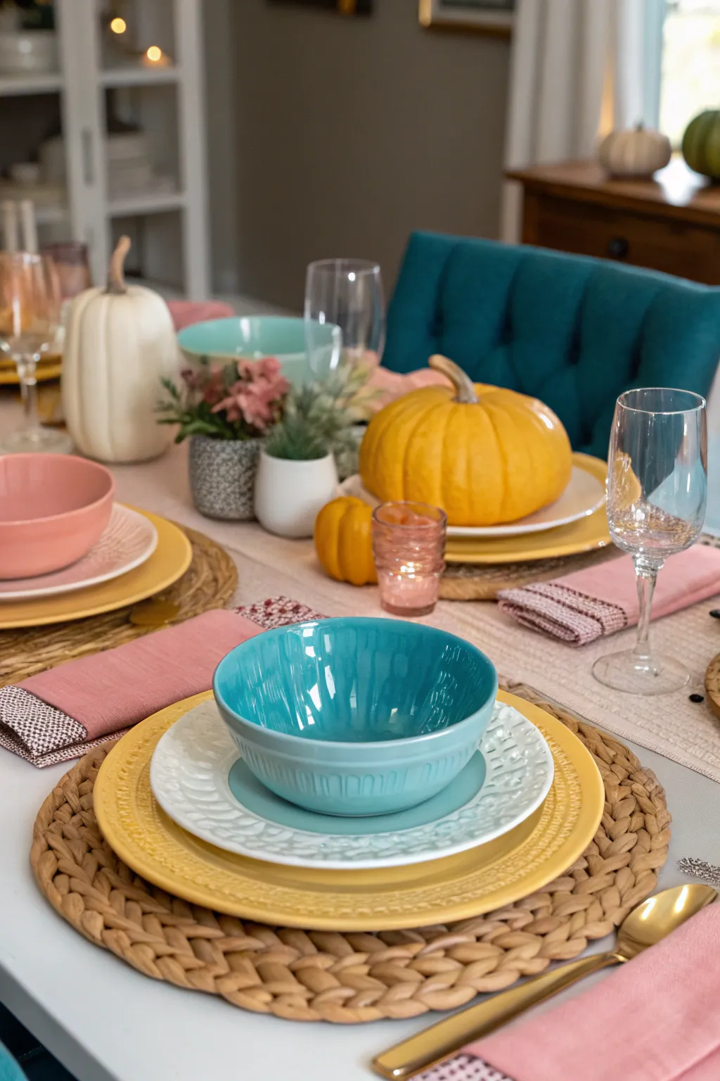 Unexpected colors add a modern flair to the table.