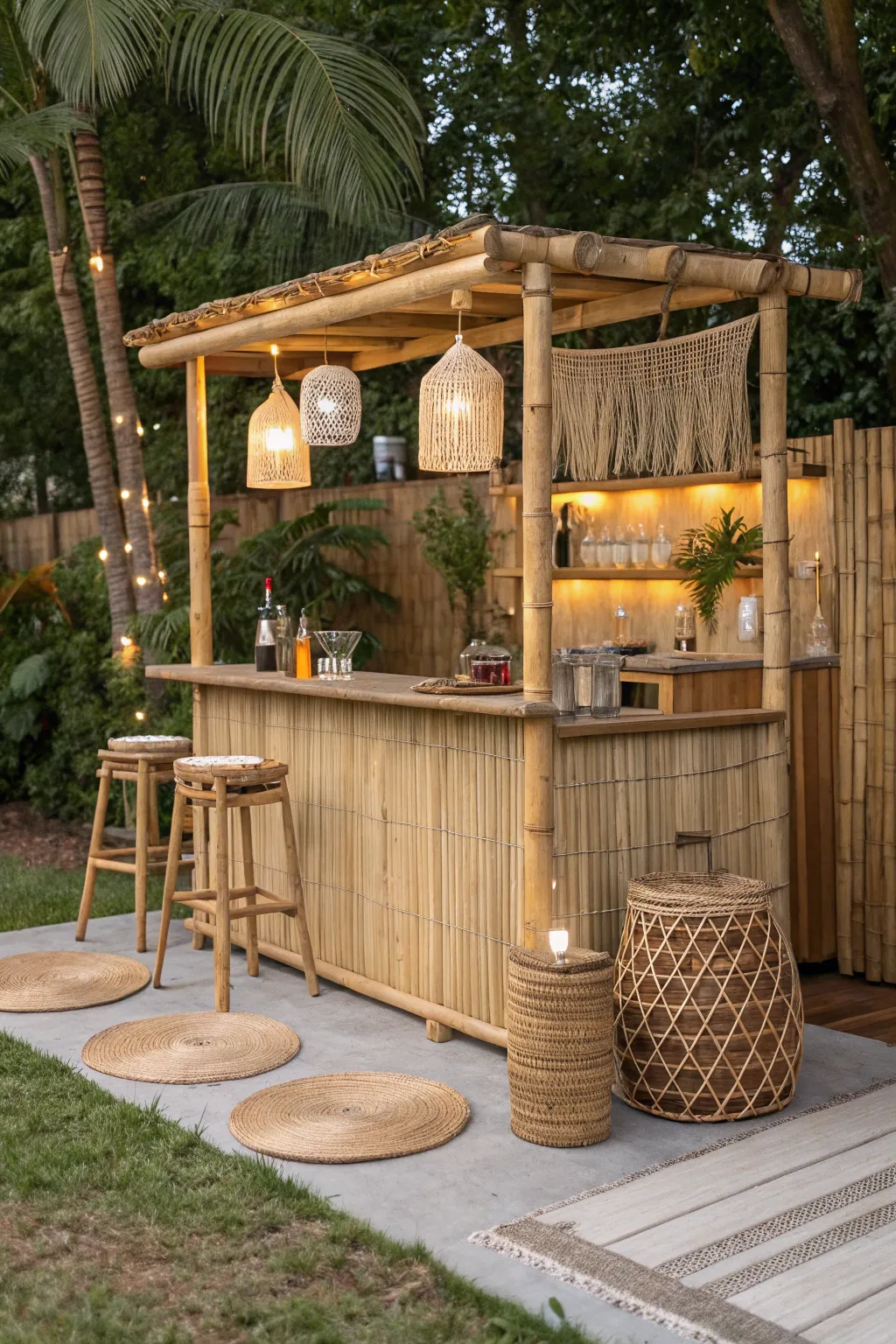 Escape to your backyard oasis with a charming bamboo tiki bar that brings tropical vibes and minimalist elegance together.