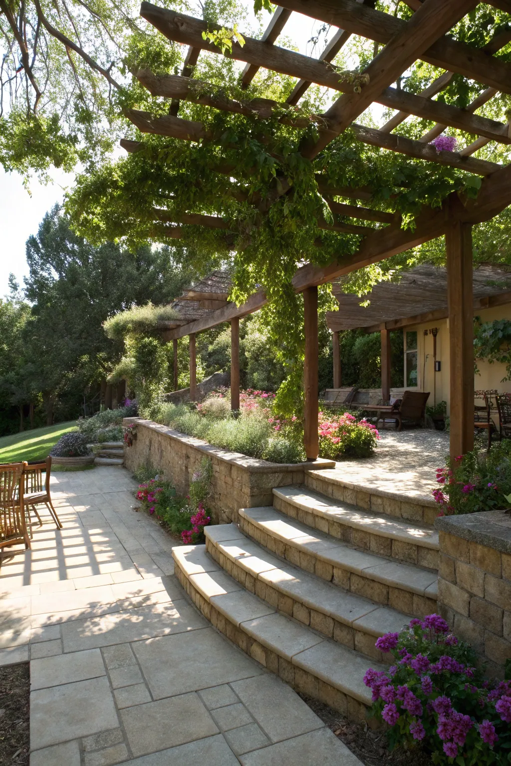A pergola offers shade and architectural interest on a tiered patio.