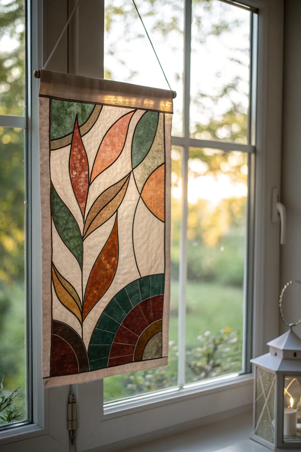 Embrace tranquility with this nature-inspired stained glass creation, where minimalist design meets earthy elegance.
