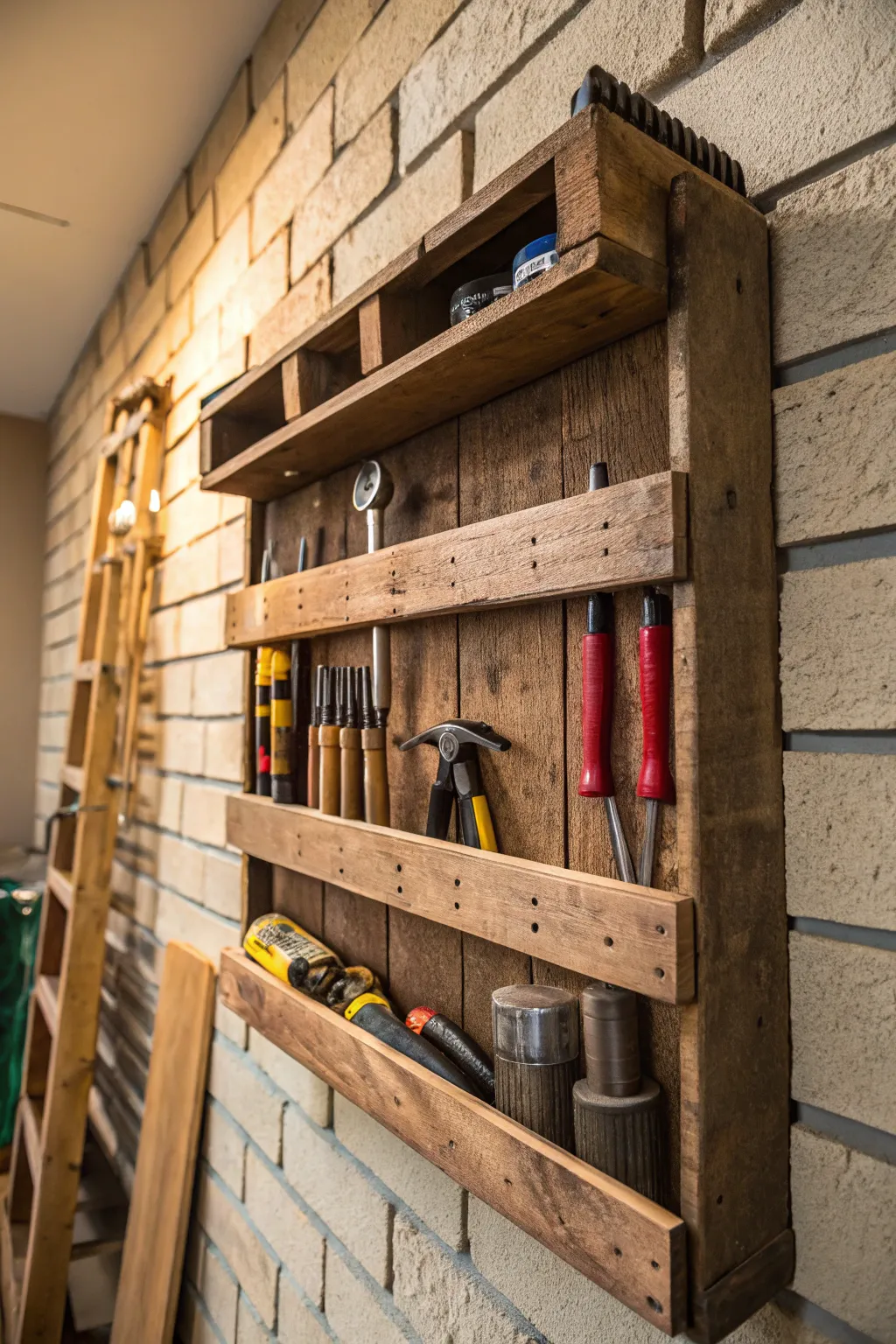 Elevate your workspace with rustic pallet shelves that blend character with utility.