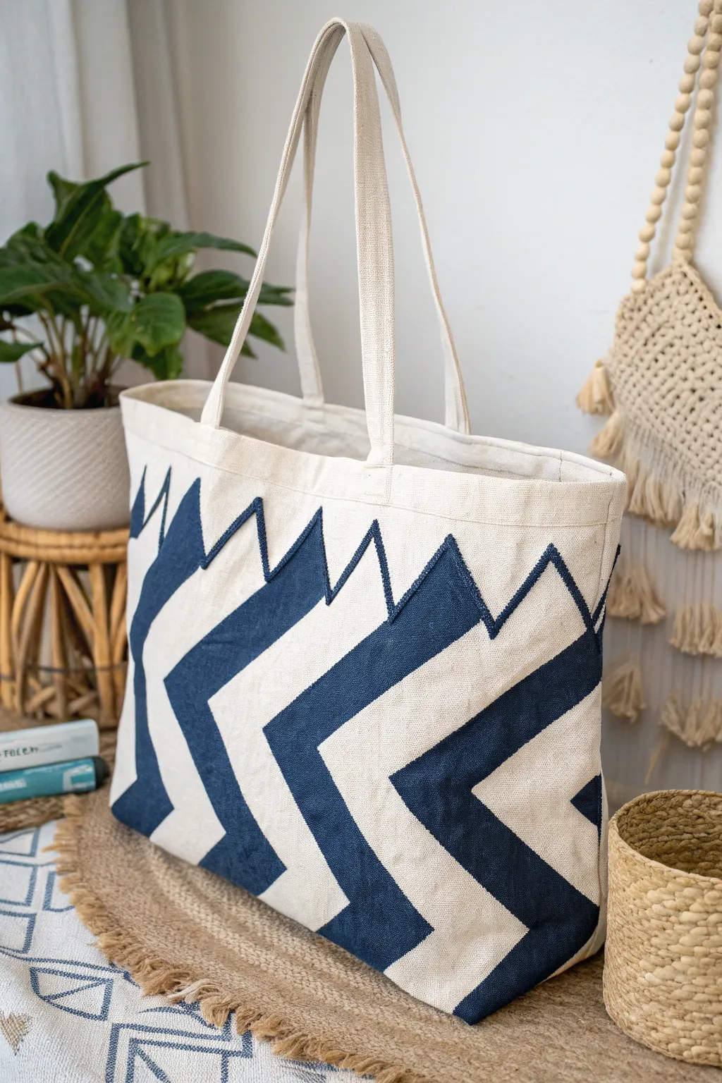 Elevate your style with a tote bag that combines bold patterns and minimalist charm.