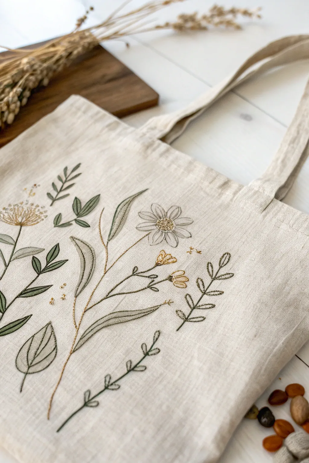 Embrace elegance with minimalist botanical line art embroidery on your tote.