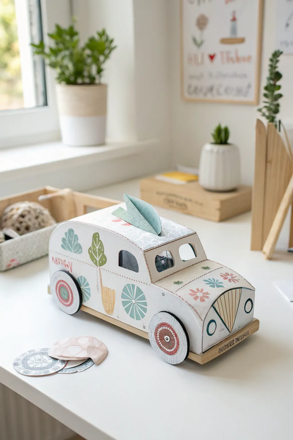 Crafted with love: A whimsical tissue box car ready for endless adventures!